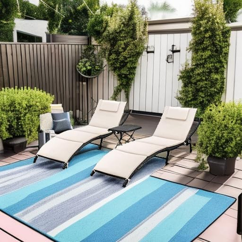 Lounge Chairs for outside 3 Pieces Patio Adjustable Chaise Lounge Outdoor Wicker Lounge Chairs Set of 2 with Table Folding Chaise Lounger for Poolside, Deck, Lawn (Beige)