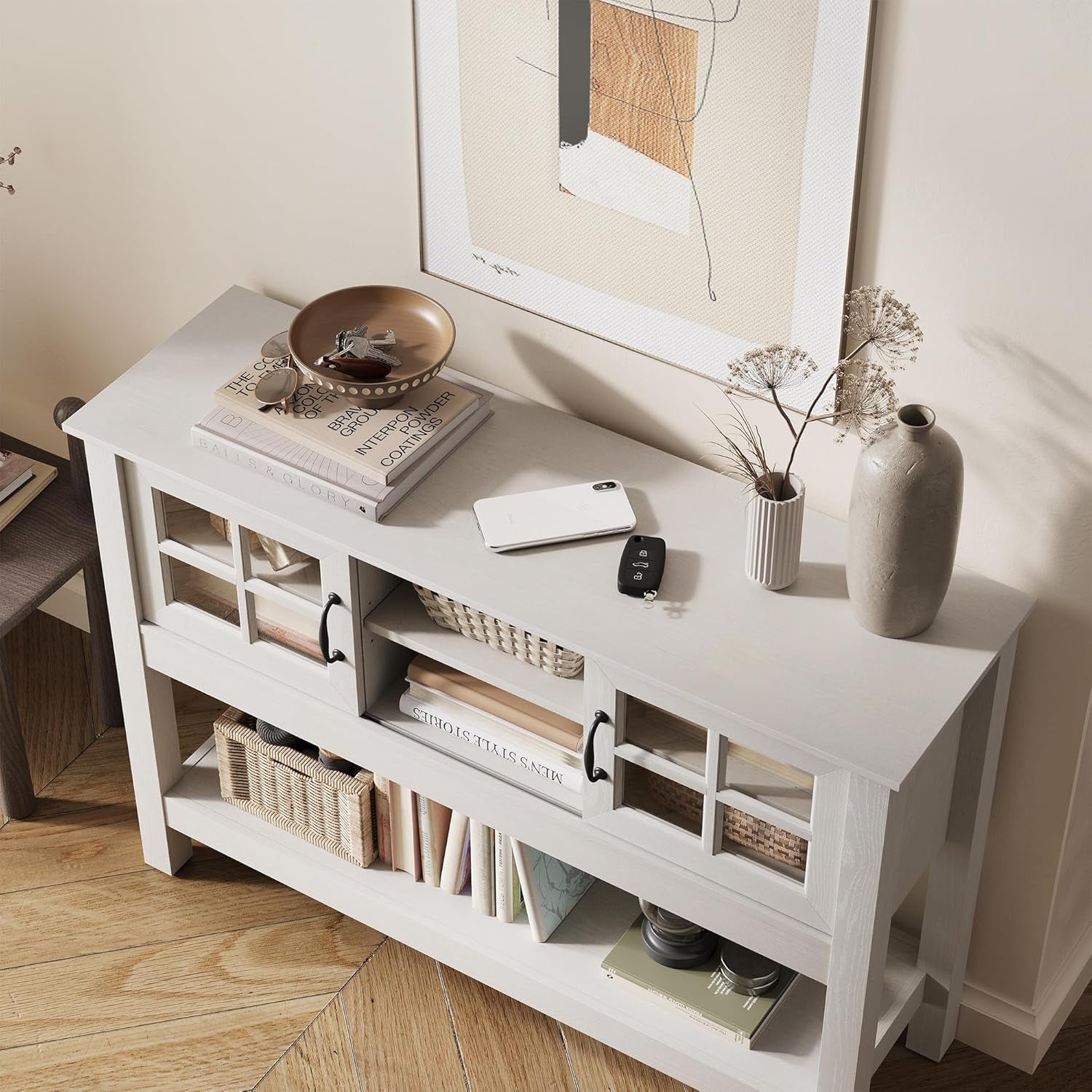 46“ Console Table with Sliding Glass Doors, Coffee Bar, Modern Entryway Table with Storage Shelf, Sofa Table behind Couch, Buffet Sideboard for Kitchen, Hallway, Living Room, White