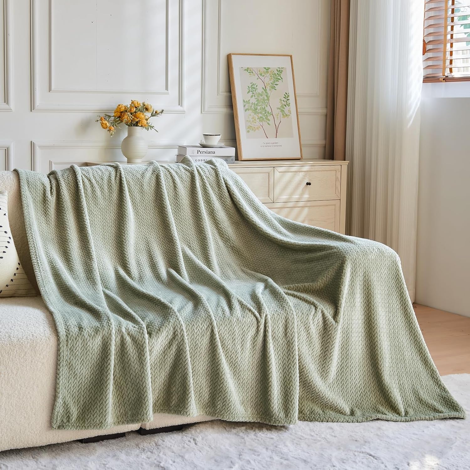 Super Soft Throw Blanket Sage Green Premium Silky Flannel Fleece Leaves Pattern Lightweight Bed Blanket All Season Use (Sage Green, Throw(50"X60"))