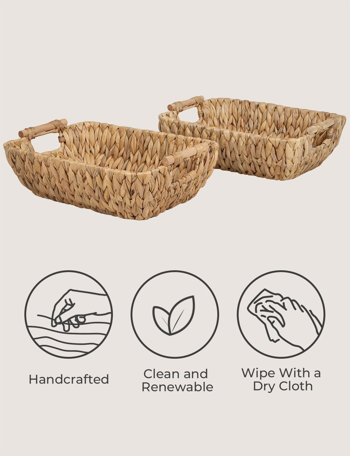 Hand-Woven Large Storage Baskets with Wooden Handles, Water Hyacinth Wicker Baskets for Organizing, 2-Pack