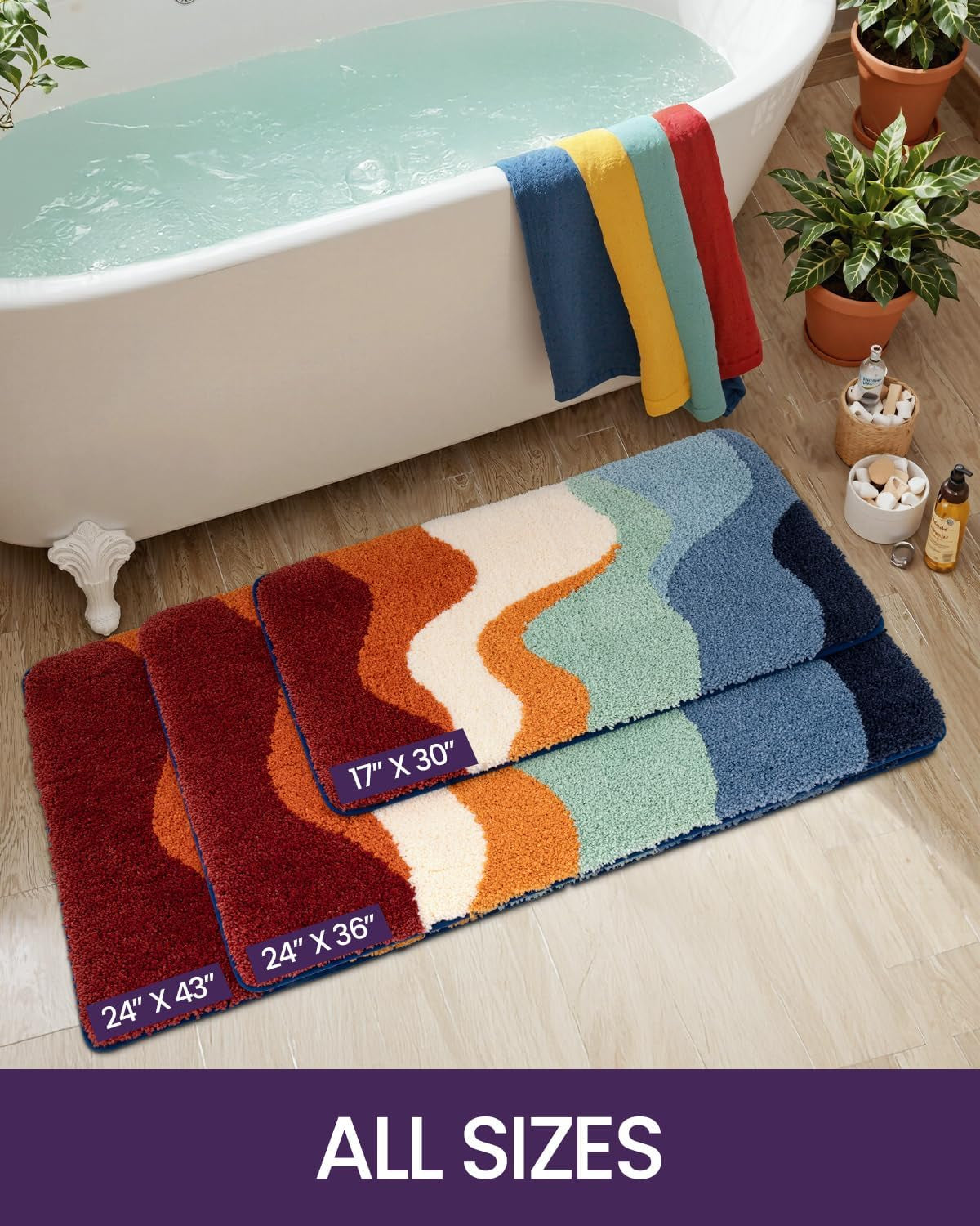 Bathroom Rug Washable, 17X30 Non Slip Bath Mat Absorbent, Soft Plush Microfiber Bathmat Quick Dry for Shower Floor, Colorful