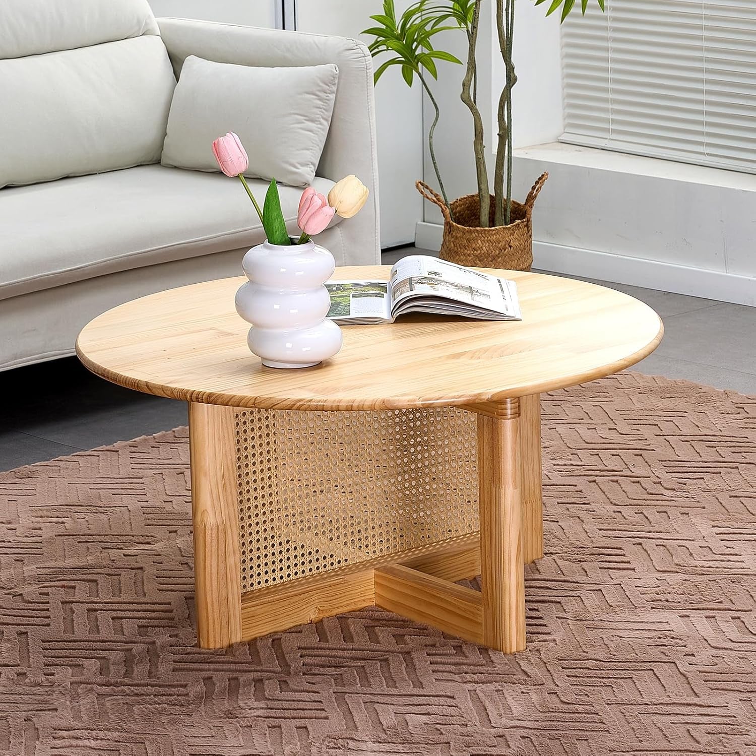 Rattan Coffee Table, 33 Inch Solid Wood Coffe Table with PE Rattan Stand, Unique Modern round Coffee Table for Living Room, Natural