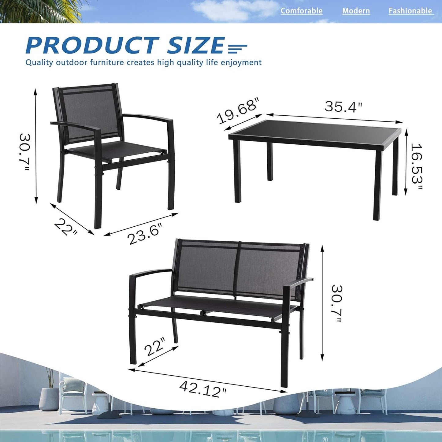 4 Pieces Patio Furniture Sets,Outdoor Patio Conversation Sets with Glass Coffee Table, Small Porch Balcony Furniture, Patio Table and Chairs Set for Garden, Backyard (Black)