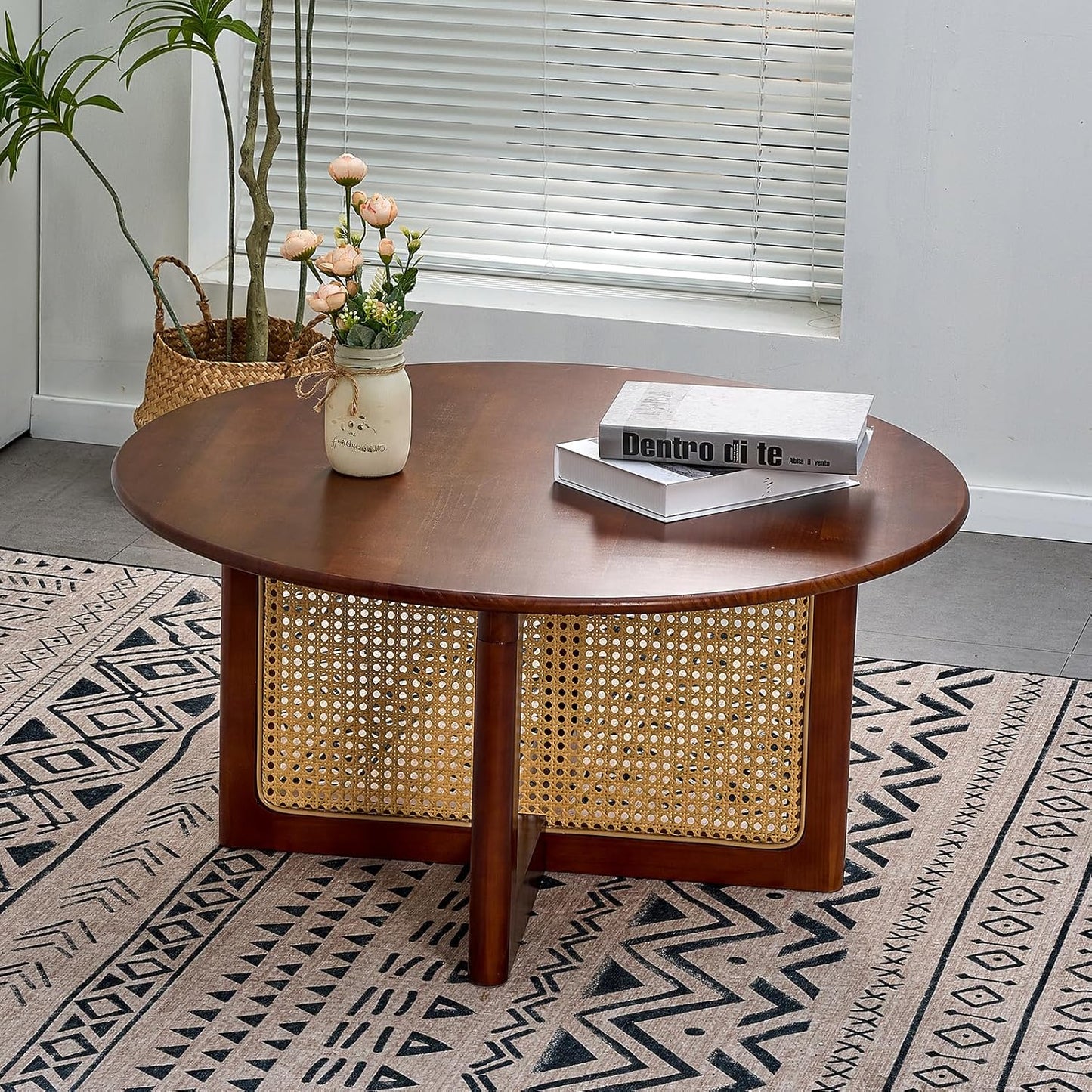 Rattan Coffee Table, 33 Inch Solid Wood Coffe Table with PE Rattan Stand, Unique Modern round Coffee Table for Living Room, Natural