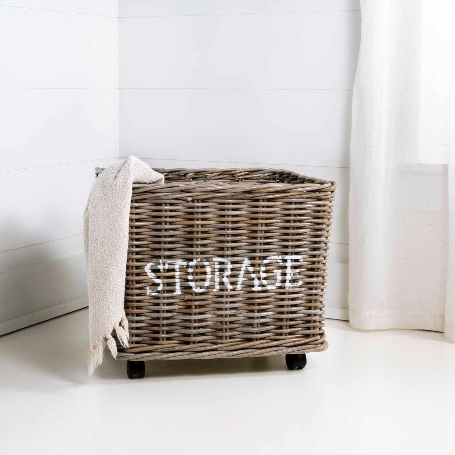 BSK1001A Yael Coastal Hand-Woven STORAGE Rattan Basket with Wheels and Handles for Storage and Decoration in Bedroom, Living Room, Laundry Room, Entryway, Kubu Gray
