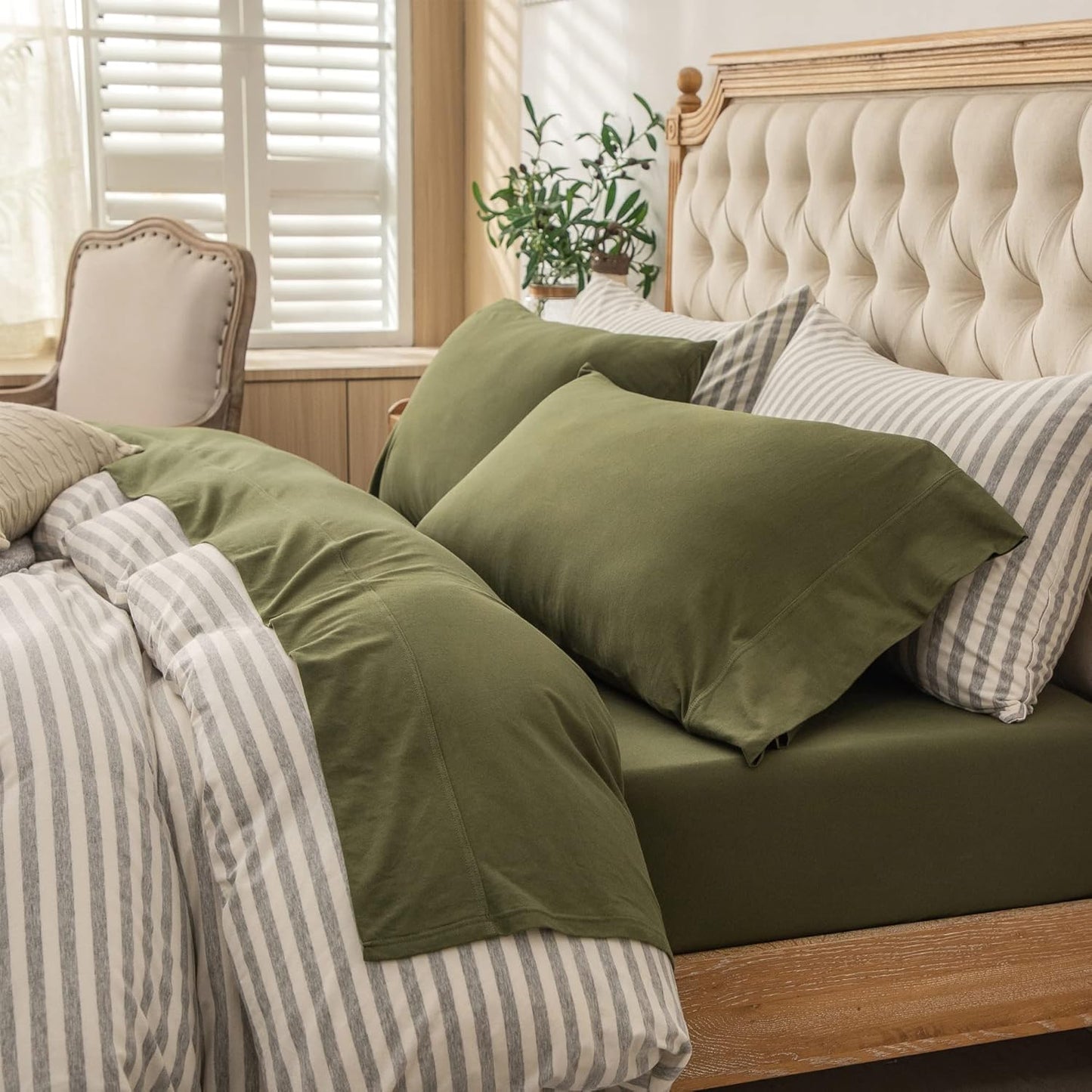 Jersey Knit 4Pc Bed Sheet Set 100% T-Shirt Heather Cotton Super Soft Comfy Breathable Fits Mattress up to 20" Extra Deep Pocket(Olive Green, King)