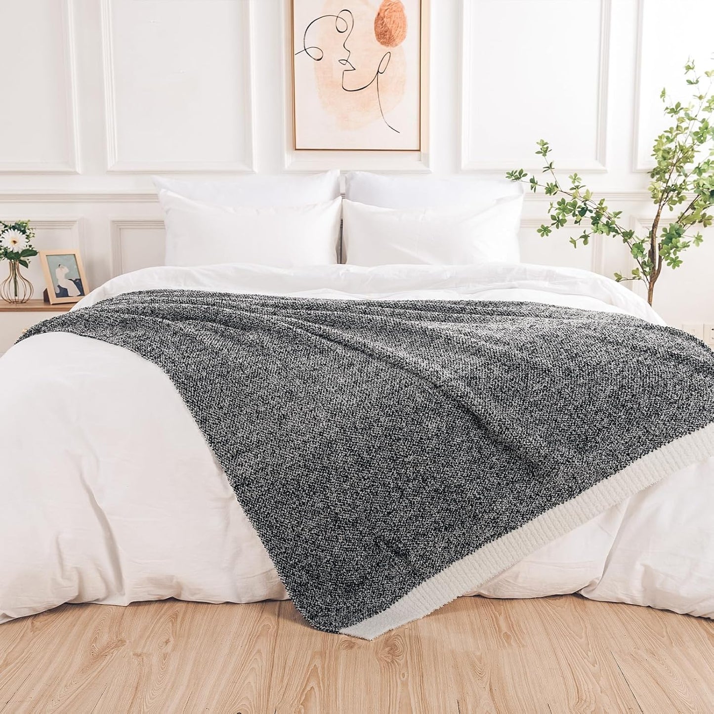 Soft Throw Blankets for Couch, Reversible Warm Blankets Cozy Knit Blanket for Women, Fuzzy Plush Lightweight Throws for Sofa, Bed, Picnic, Black 50 X 60 Inches