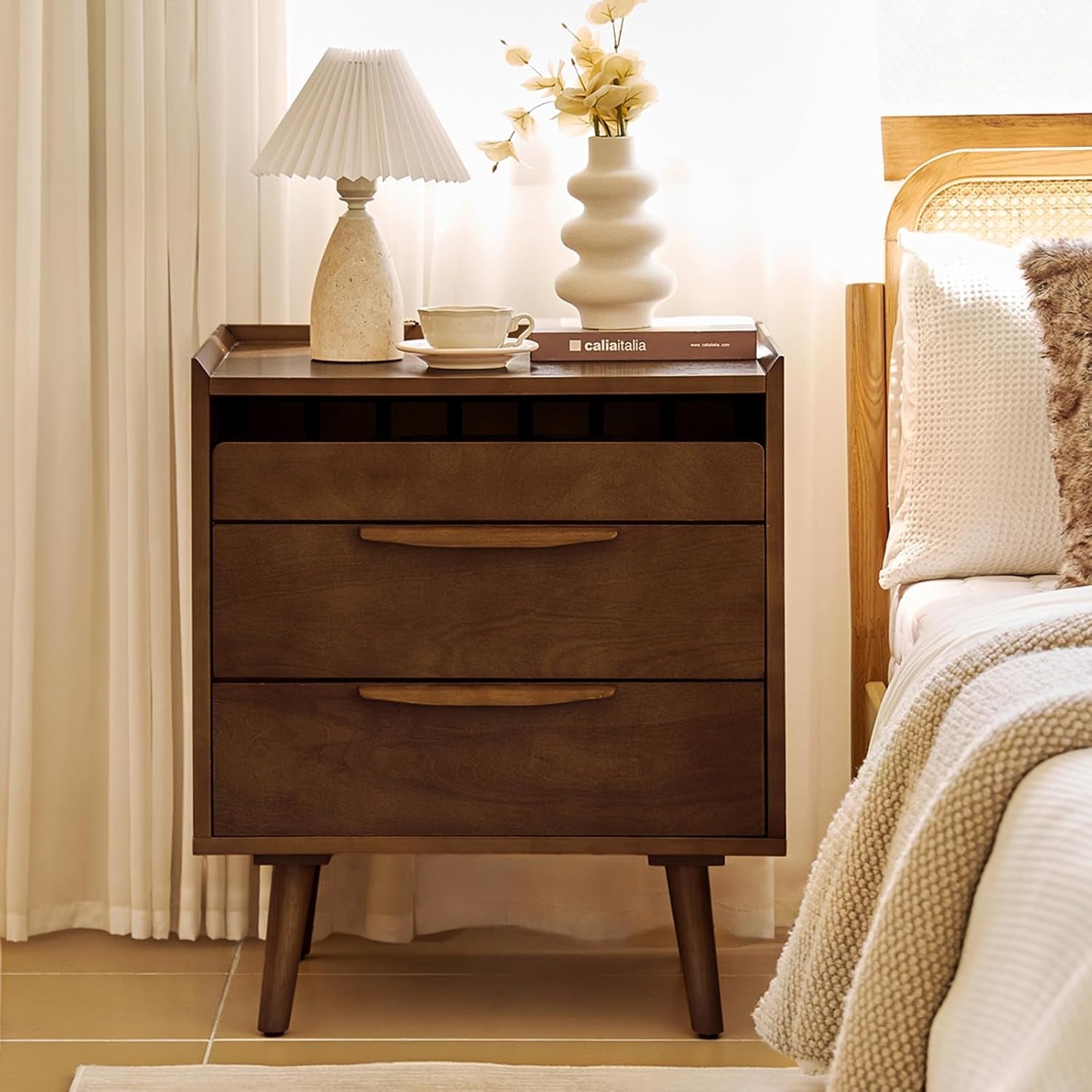2 Drawer Nightstand with Charging Station, Mid-Century Modern Bedside Tables with Wood Legs, Wood Night Stand with Pull-Out Shelf, Walnut