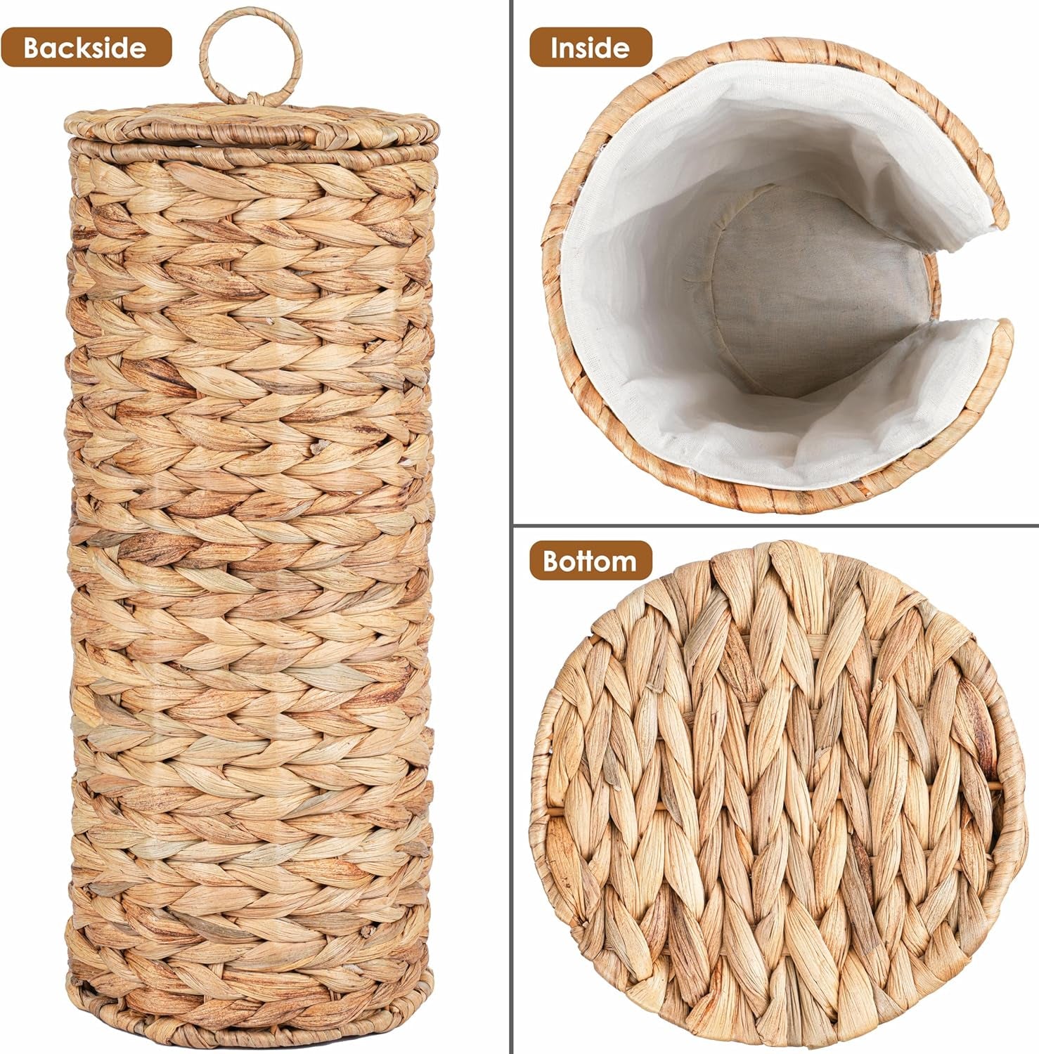 4 Mega Rolls Extra Toilet Paper Storage with Lid and Liner, Water Hyacinth Ratten Toilet Paper Holder Basket Stand, Decorative Boho Covered Enclosed Toilet Tissue Organizer for Bathroom