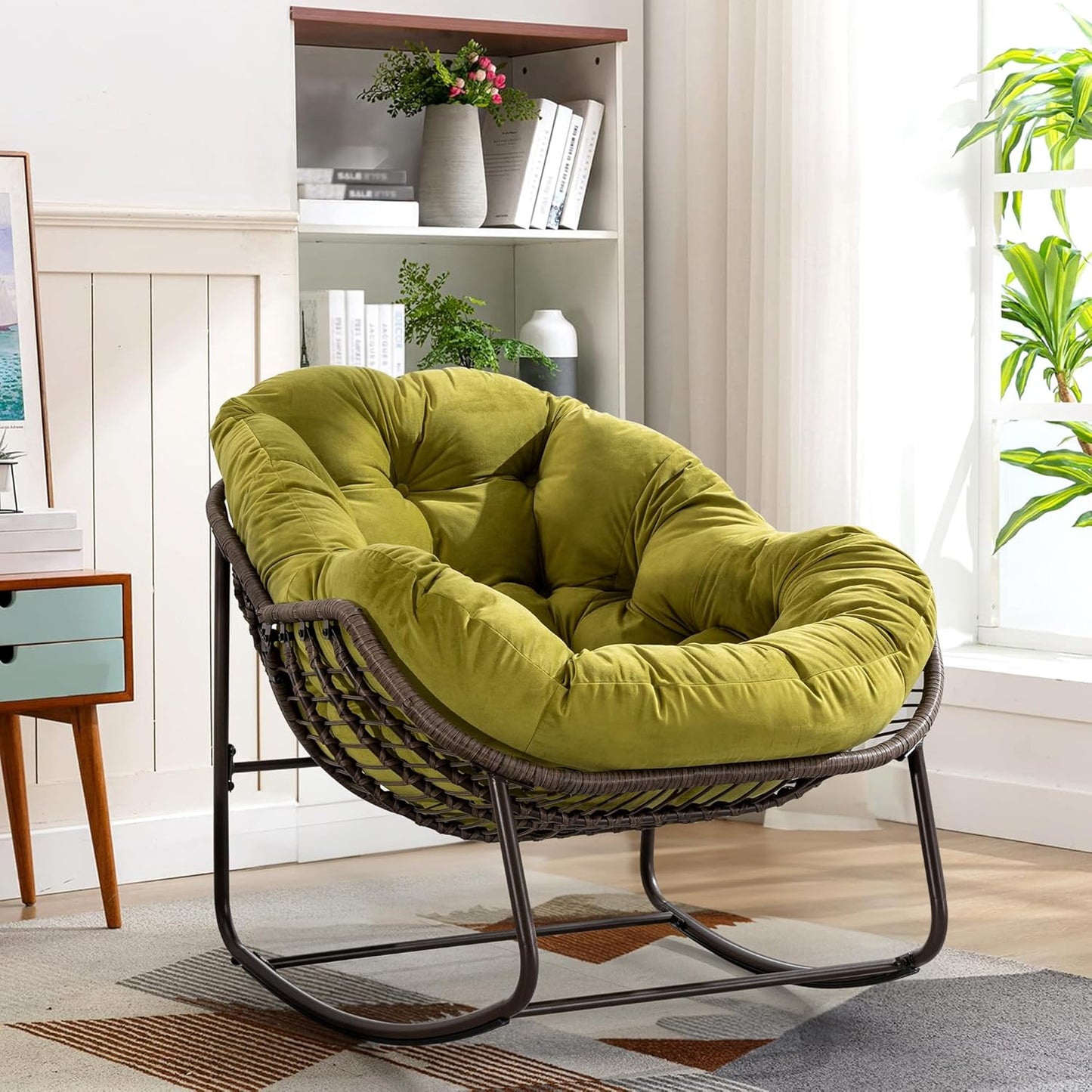 Large Indoor Outdoor Rocking Chair, Oversized Rocking Papasan Chair with Thick Cushion and Frame Outdoor Rocker, Comfy Wicker Egg Chairs Lounge for outside Porch Patio Backyard Balcony (Beige)