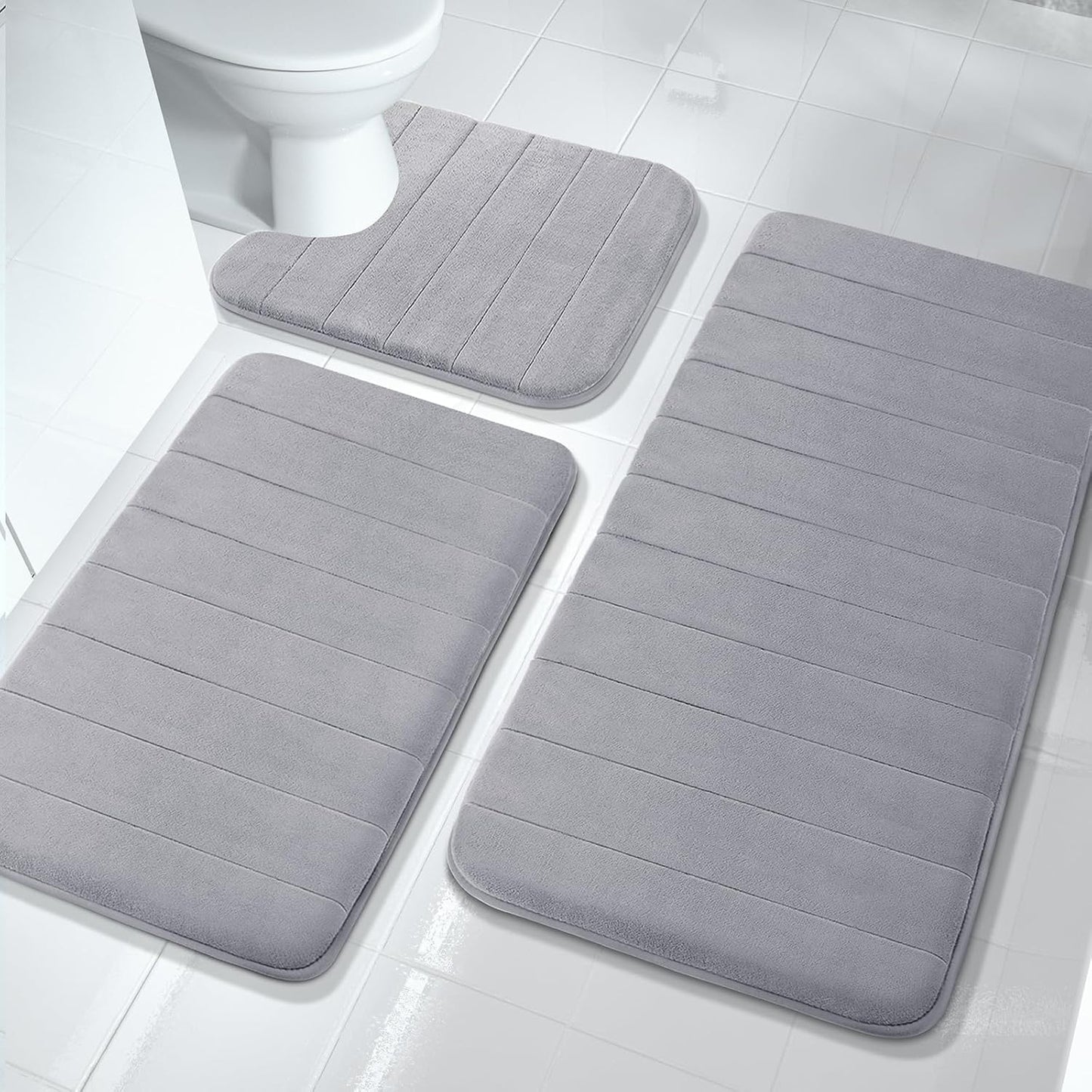 3 Pieces Memory Foam Bath Mat Set with U-Shaped Toilet Rug - Non Slip Super Soft Absorbent Quick Dry Bathroom Rugs for Bathtub, Vanity & Toilet Base, Beige