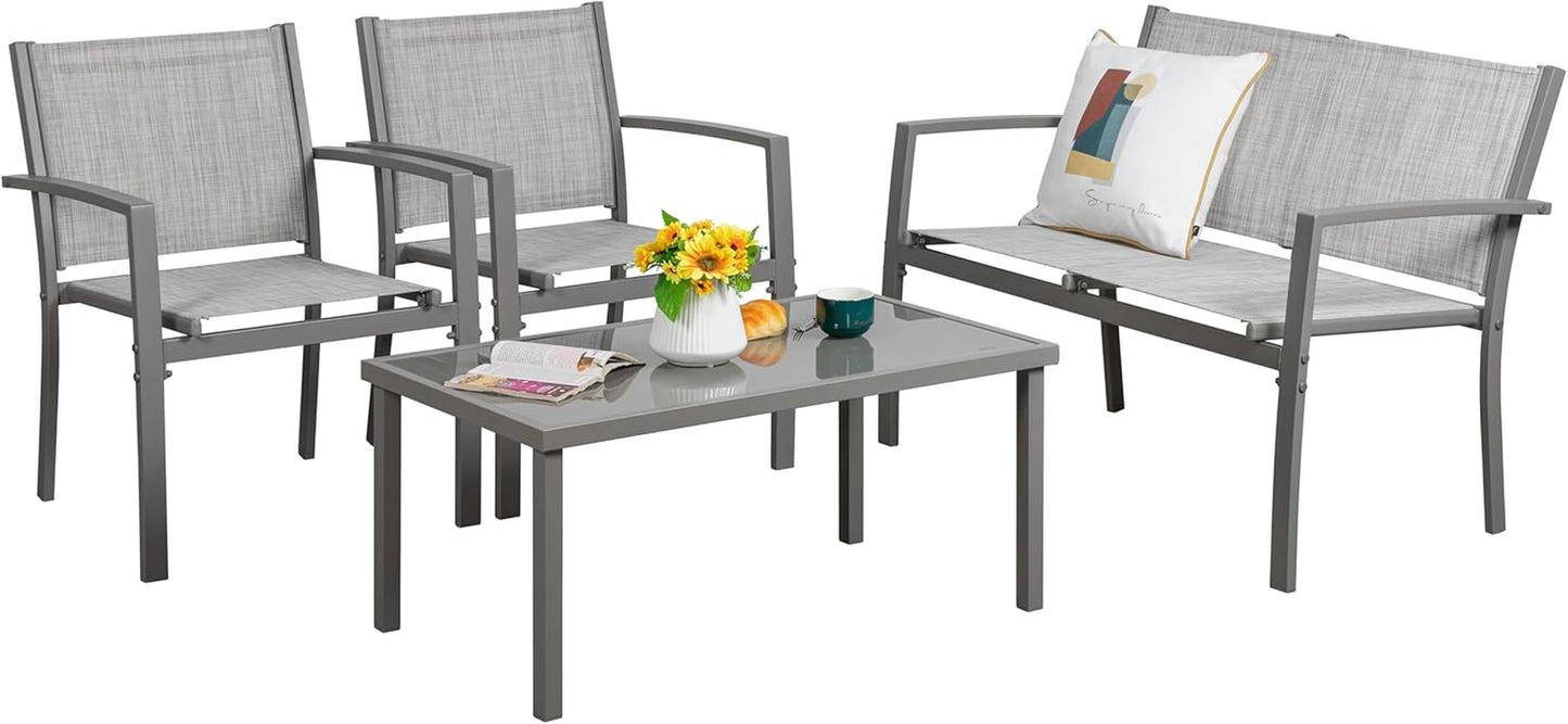 4 Pieces Patio Furniture Sets,Outdoor Patio Conversation Sets with Glass Coffee Table, Small Porch Balcony Furniture, Patio Table and Chairs Set for Garden, Backyard (Black)