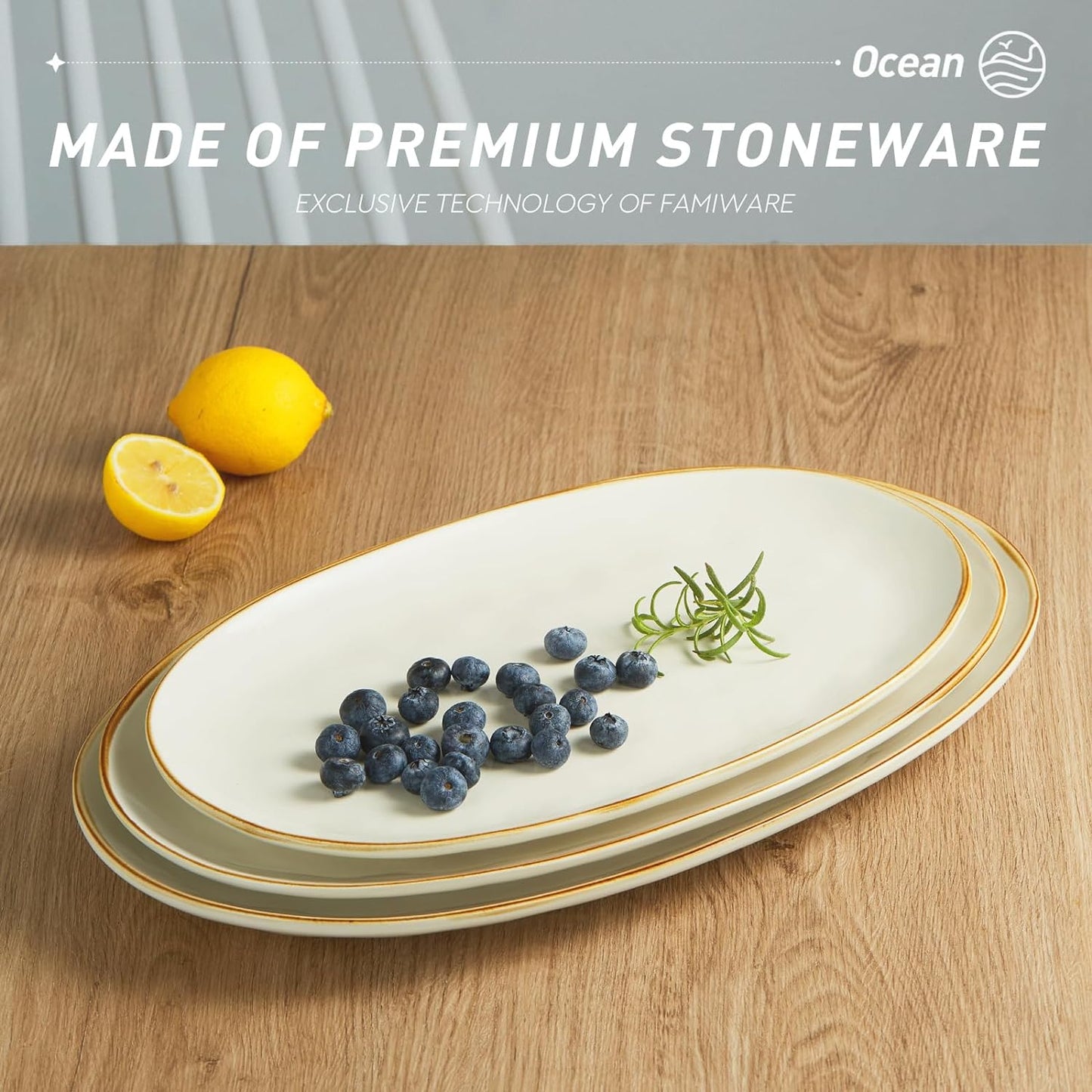Serving Platter, Oval 15.59/14.3/12.9Inch Serving Dishes for Entertaining, Serving Bowls, Microwave Safe, Stoneware Serving Trays for Party, Food, Turkey, Cheese, Ocean Series, Vanilla White