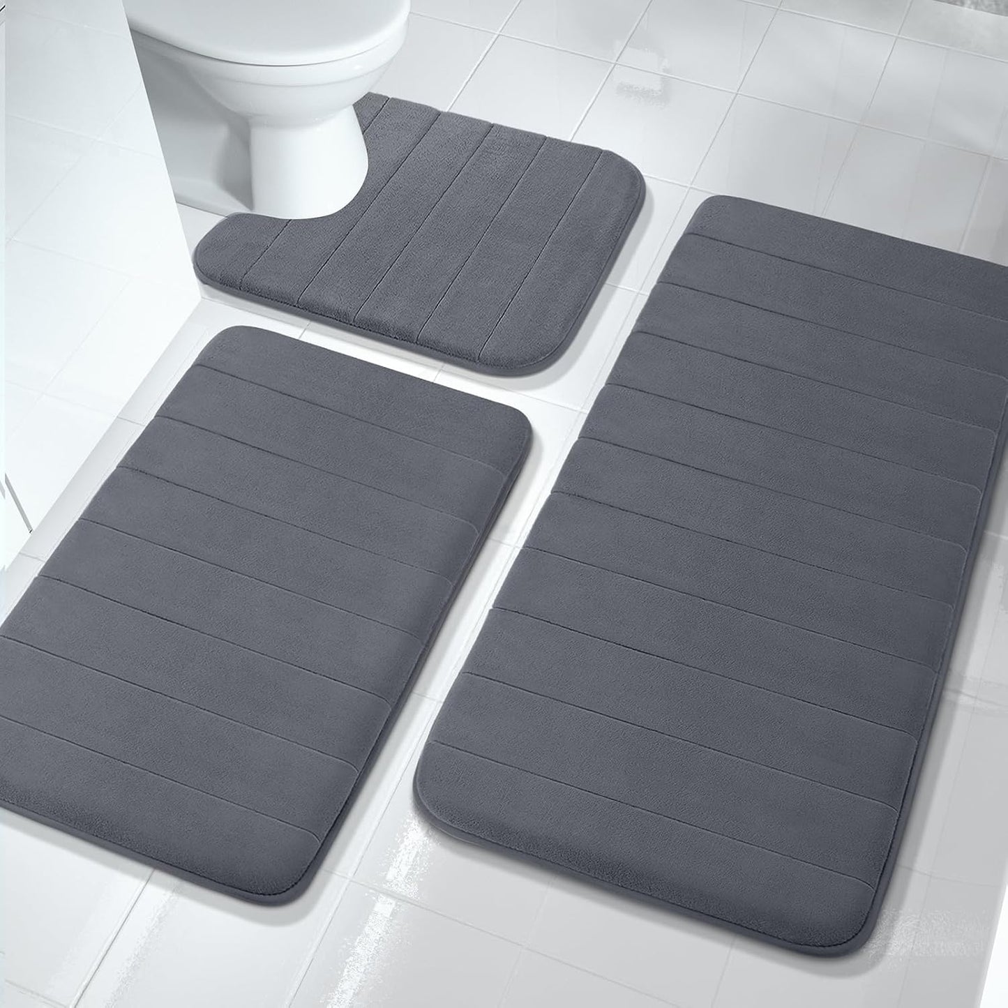 3 Pieces Memory Foam Bath Mat Set with U-Shaped Toilet Rug - Non Slip Super Soft Absorbent Quick Dry Bathroom Rugs for Bathtub, Vanity & Toilet Base, Beige