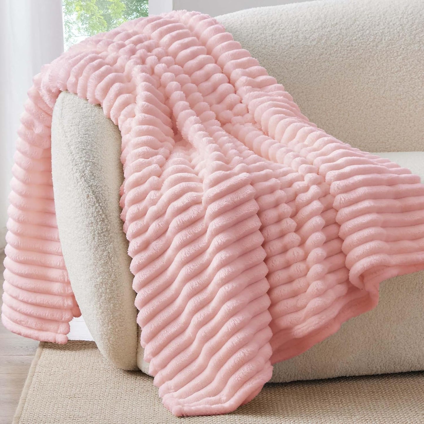 Fleece Throw Blanket for Couch - 300GSM Soft & Warm Fluffy Cream White Blanket, Decorative and Giftable Striped Blankets for Women, Men, 50"X60"