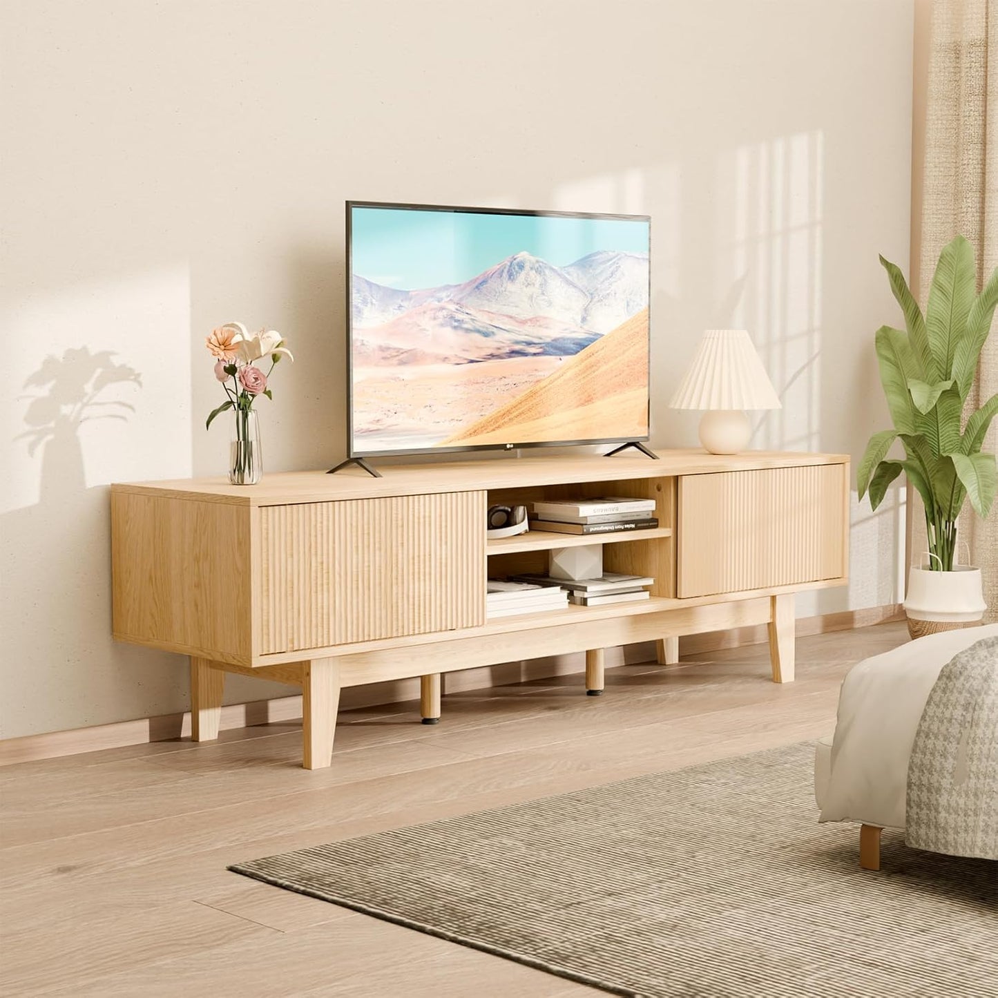 59" Mid-Century Modern TV Stand with Fluted Sliding Doors - Solid Wood Entertainment Center for 55/60/65 Inch TV, Adjustable Shelves, Boho Farmhouse Media Console for Living Room, Bedroom & Office.Oak