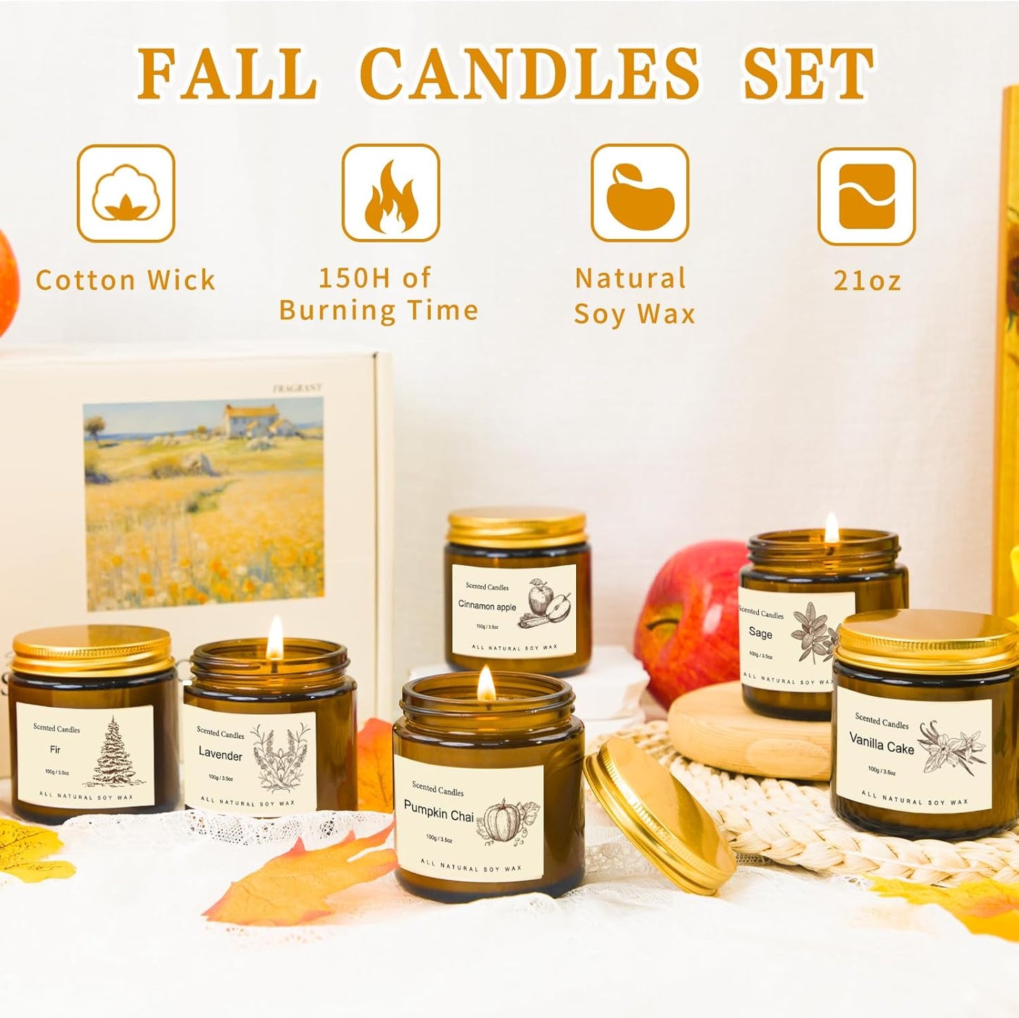 6 Pack Fall Candles Set,Scented Candles for Home, Aromatherapy Gifts for Women Men, Fall Winter Holiday Natural Soy Candles Set for Birthday, Mother'S Valentines Day Gifts for Her