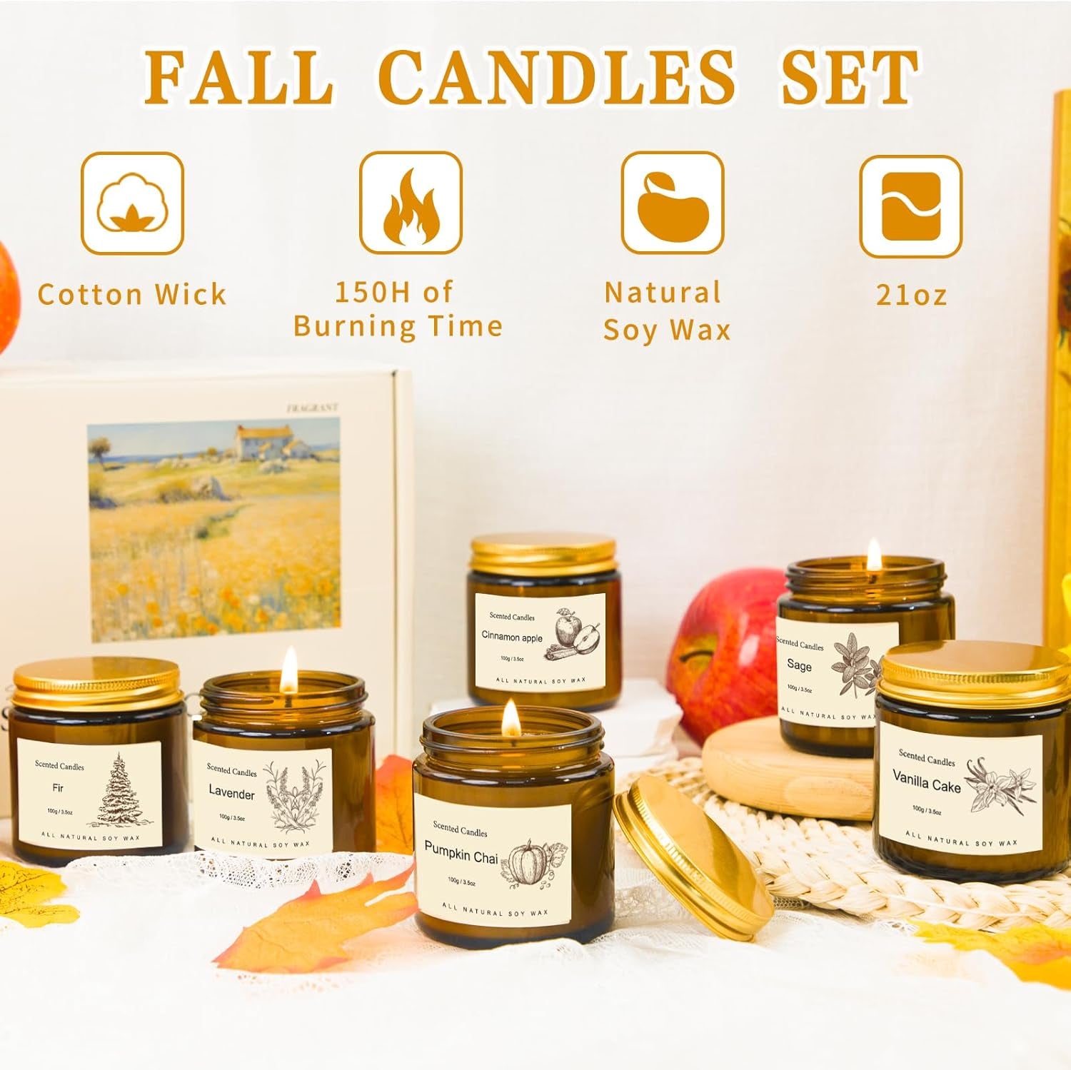 6 Pack Fall Candles Set,Scented Candles for Home, Aromatherapy Gifts for Women Men, Fall Winter Holiday Natural Soy Candles Set for Birthday, Mother'S Valentines Day Gifts for Her