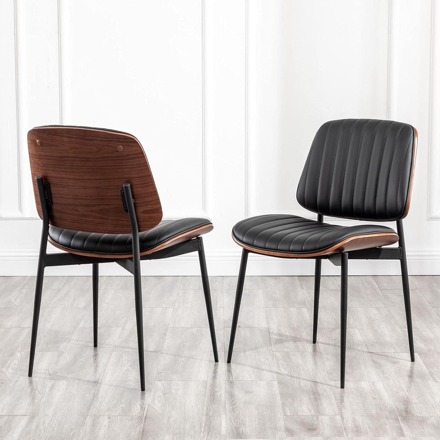 Dining Chairs Set of 2 Mid Century Modern Retro Faux Leather Chair with Walnut Bentwood Upholstered Seat Metal Legs Chairs,Adjustable Foot for Kitchen Dining Room Chairs(Green)