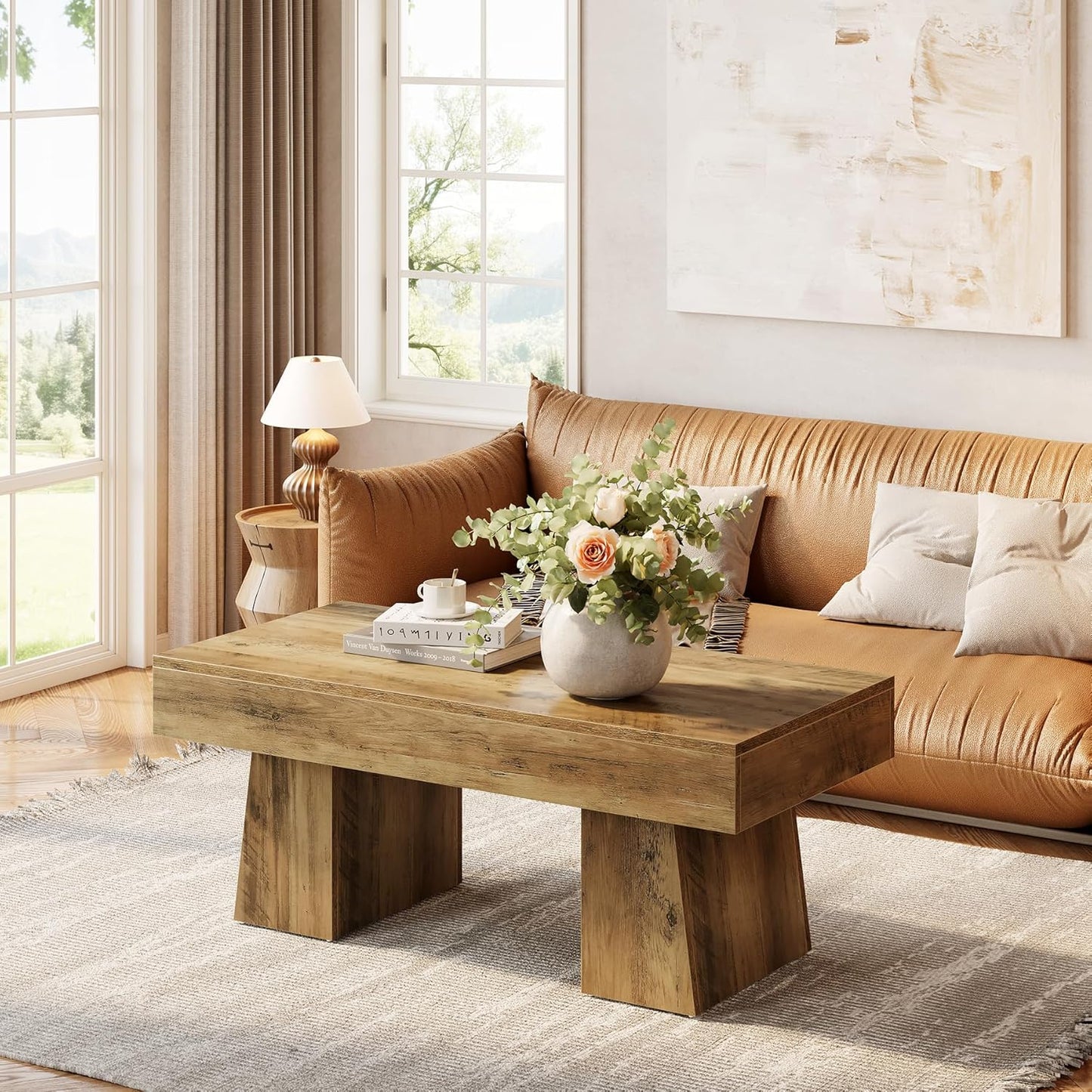 Farmhouse Coffee Table, 47 Inches Wooden Rectangular Accent Center Tables with Thick Base, Modern Low Cocktail Tea Furniture for Living Room (Rustic Brown)