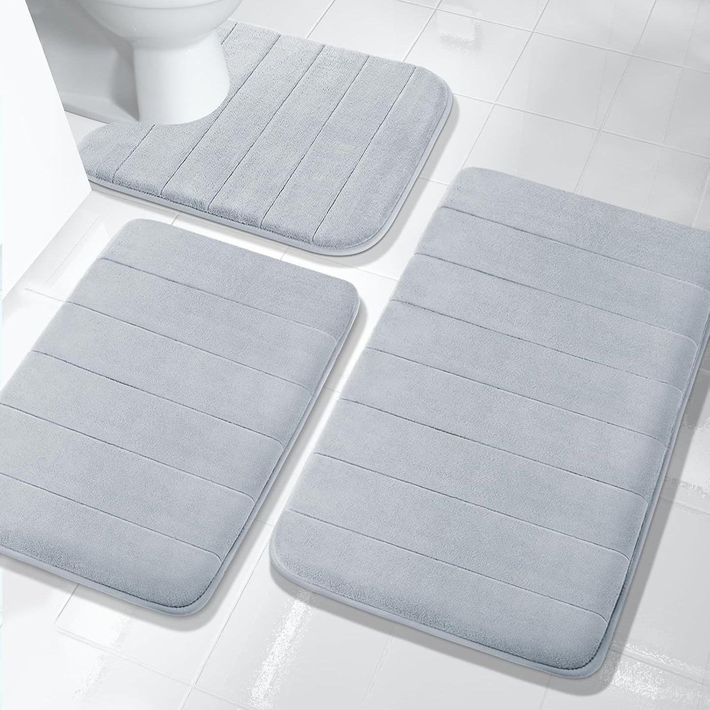 3 Pieces Memory Foam Bath Mat Set with U-Shaped Toilet Rug - Non Slip Super Soft Absorbent Quick Dry Bathroom Rugs for Bathtub, Vanity & Toilet Base, Beige