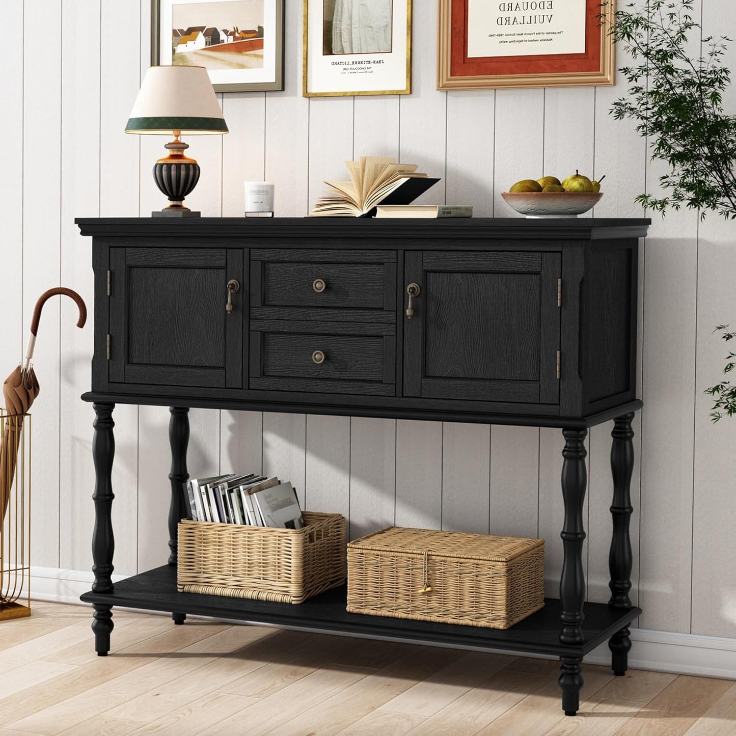 Console Table with 2 Drawers, Retro Entryway Table with 2 Door Cabinets and Open Storage Shelf, Narrow Long behind Couch Sofa Table for Living Room, Foyer, Hallway, Green