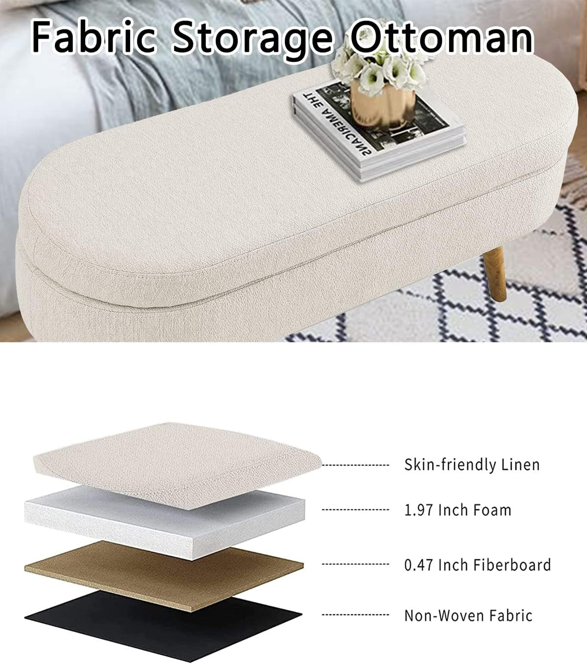 Oval Storage Bench 43.5" Linen Fabric Upholstered Entryway Bench with Solid Wood Legs Ottoman Bench Indoor Bench for Living Room/Bedroom/End of Bed/Entryway (Beige)
