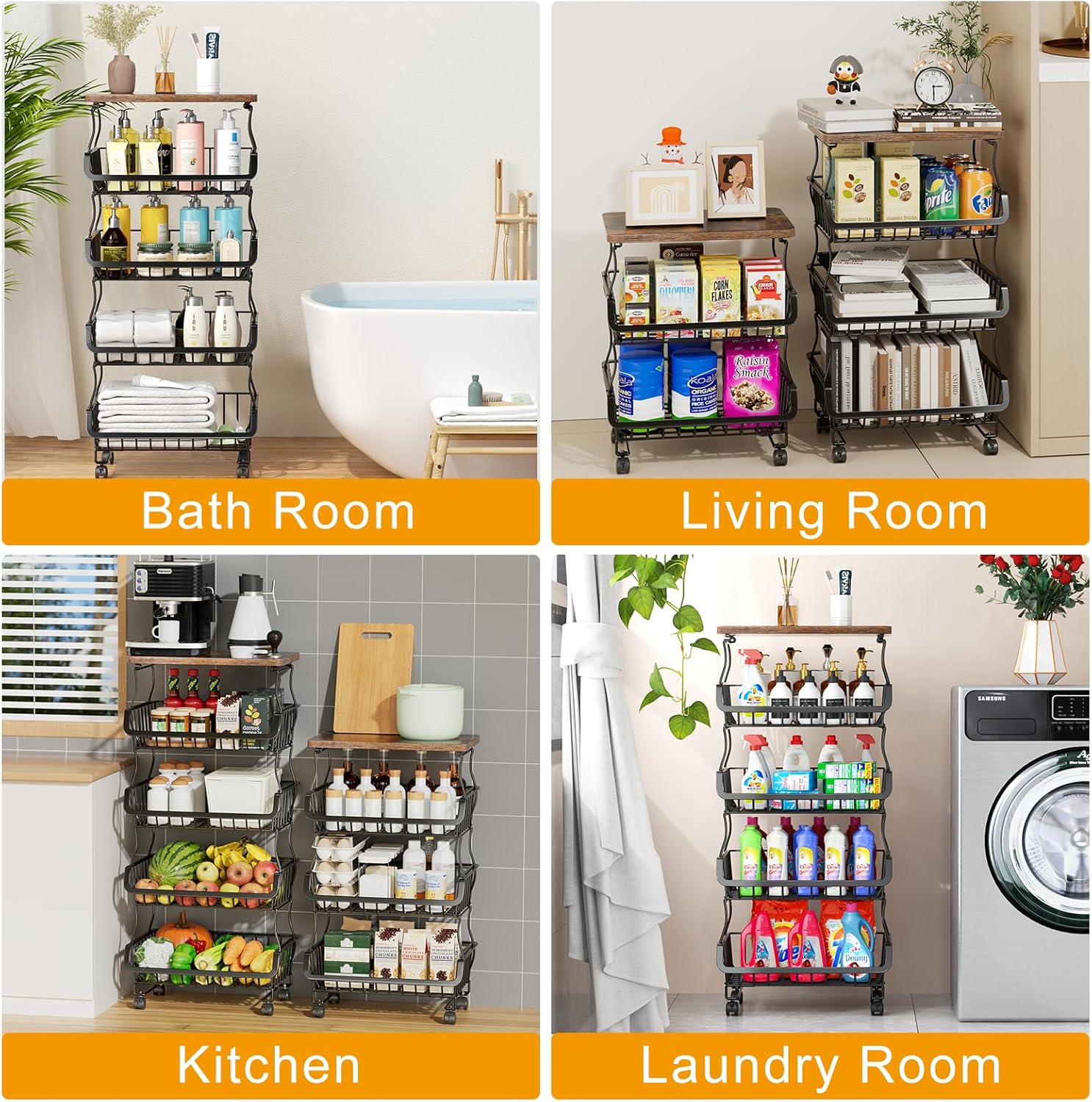 Fruit Vegetable Basket for Kitchen, 5 Tier Stackable Fruit Vegetable Storage Baskets with Wheels, Metal Wire Storage Basket Organizer Baskets for Kitchen, Pantry, Bathroom