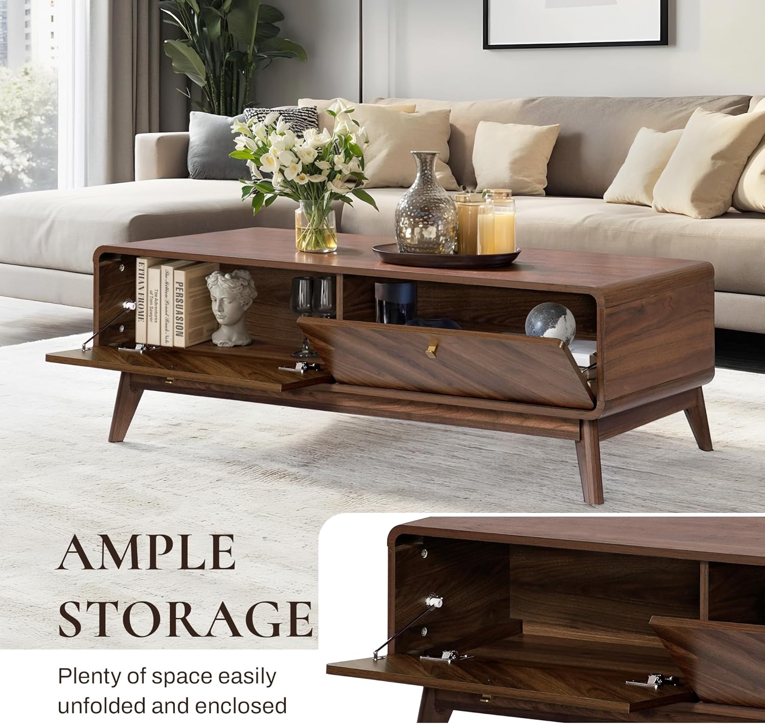 Luxenhome Coffee Table with Storage, 47" Mid Century Modern Coffee Table, Live Edge Coffee Tables for Living Room, Wooden Center Table with Ample Storage Space