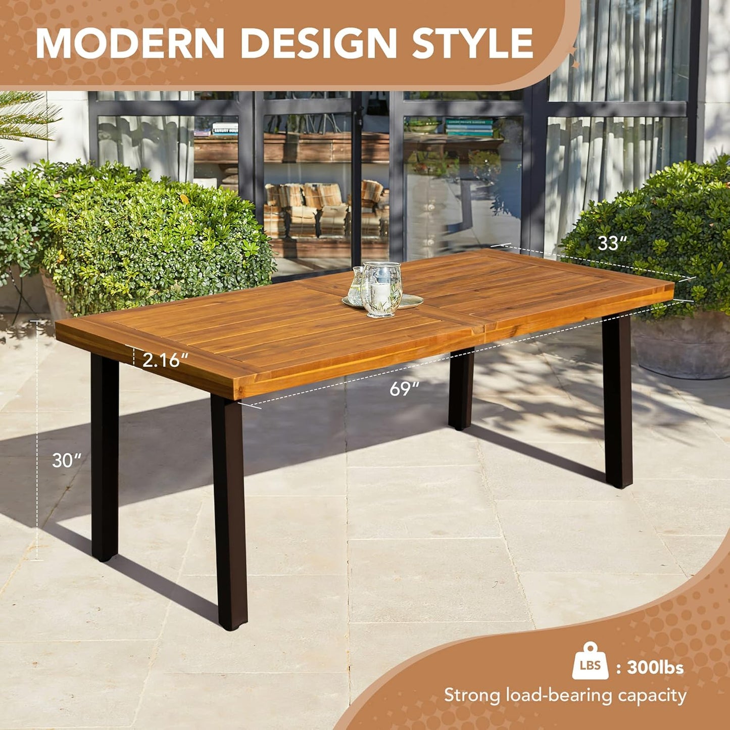 Home Acacia Wood Dining Table 6-Person Indoor Outdoor Table with Iron Legs, Sandblast Finish, Natural Stained, Rustic Metal, 69 * 33 * 30 Inch (Natural)