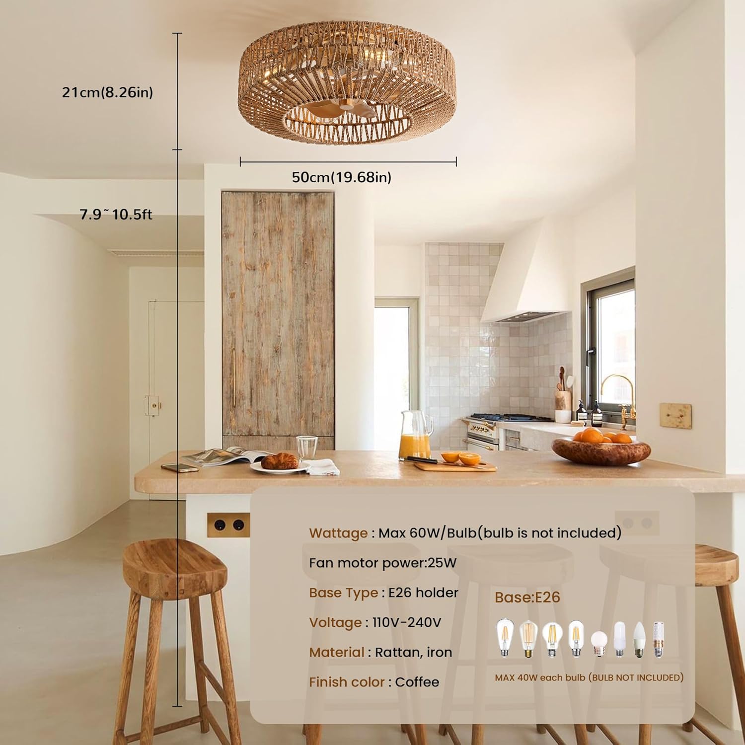 20" Boho Caged Fandelier with Lights Flush Mount Rattan Ceiling Fan with Lights and Remote Control, Enclosed 6 Speeds Low Profile Fan Light for Bedroom, Living Room, Kitchen