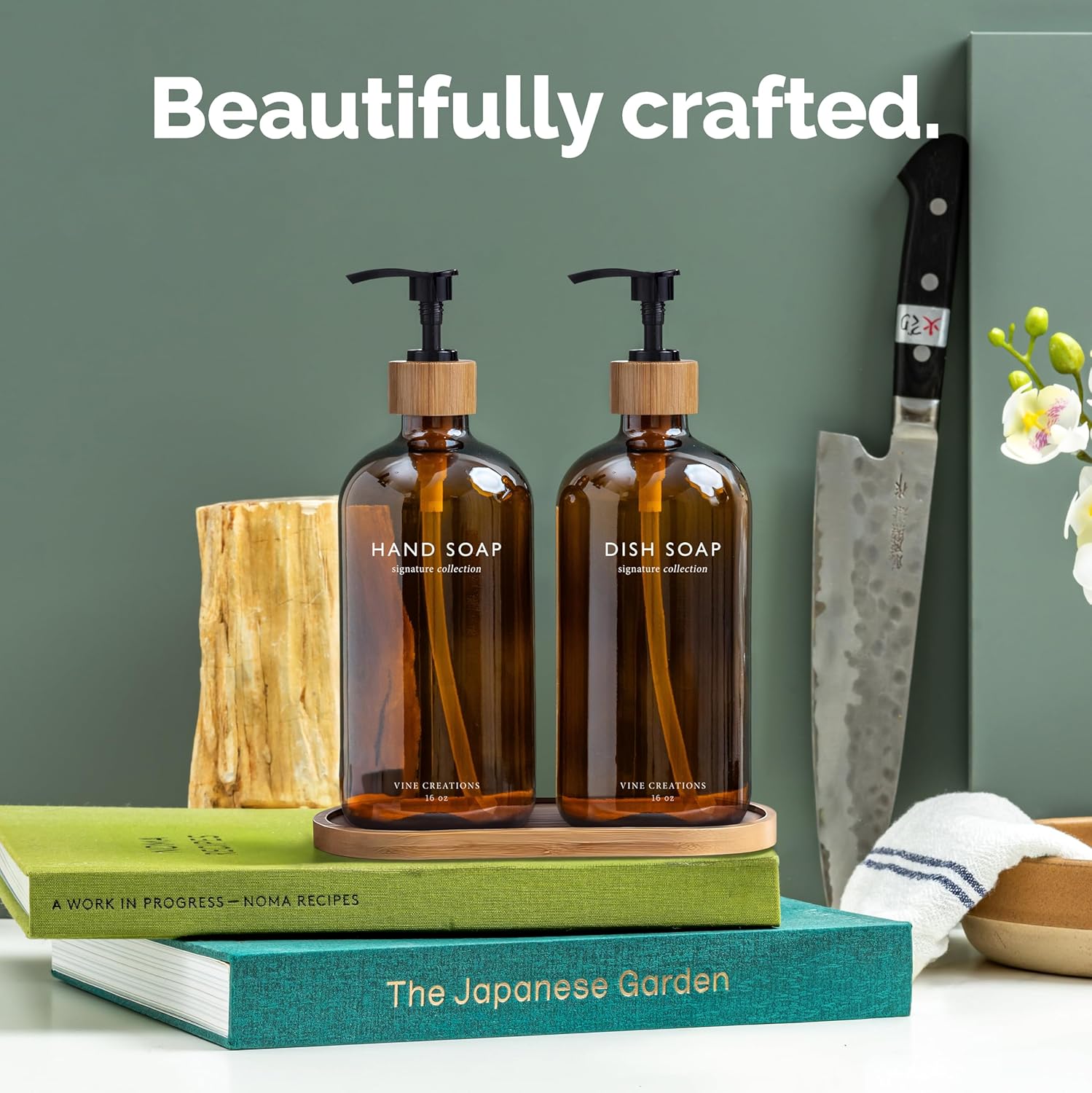 Amber Glass Soap Dispenser Set, Hand Soap and Dish Soap Dispenser Set with Bamboo Tray, 16 Oz Glass Dispensers Bottle for Kitchen and Bathroom Decor Modern Boho with Bamboo Pump (Amber)