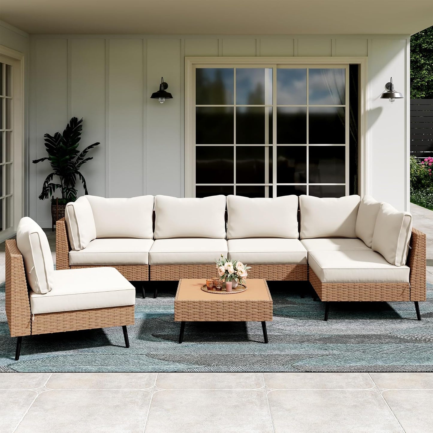 Outdoor Patio Furniture, 8 Piece Outdoor Sectional Sofa PE Rattan Wicker Patio Conversation Sets,All Weather Patio Furniture Set with Thick Cushions for Garden, Poolside, Backyard(Beige)