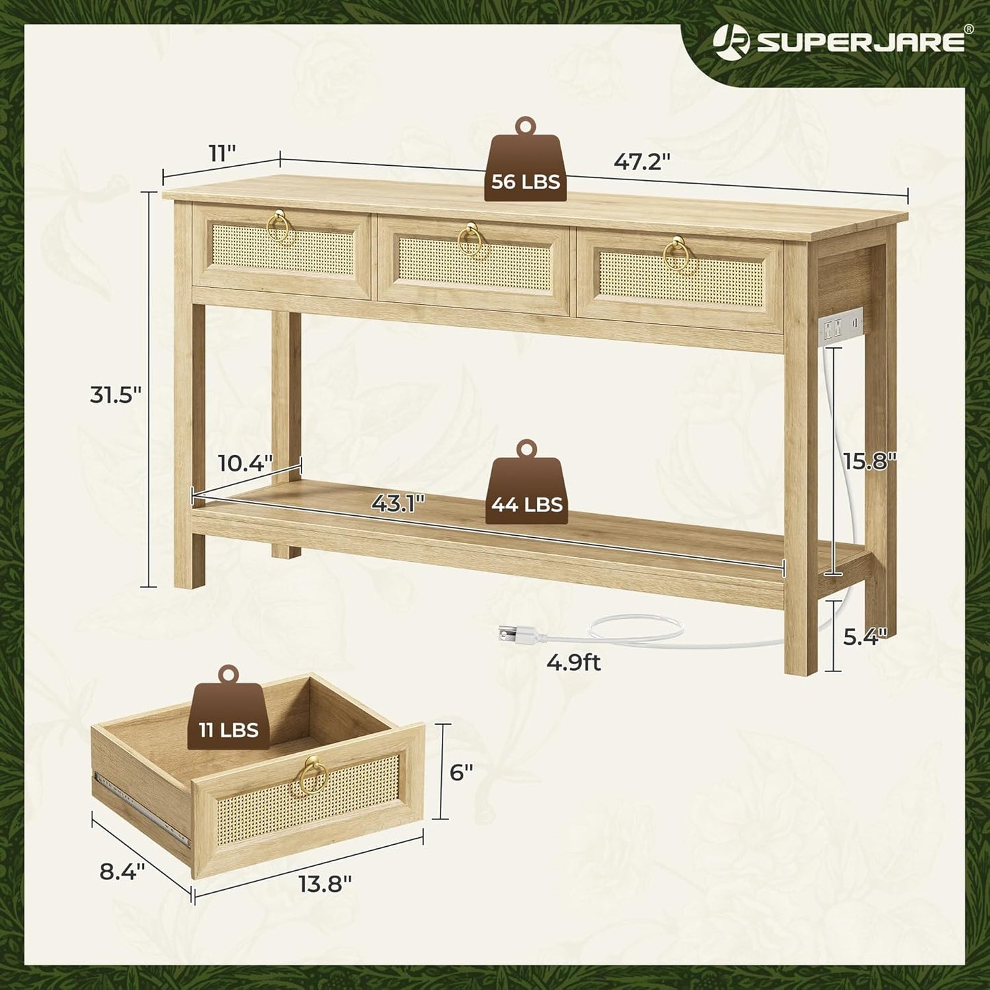 Rattan Console Sofa Table with Outlets and USB-C Port, 3 Drawer Entryway Table with Synthetic Rattan Surface, Open Shelf, behind Couch Entry Foyer Hallway Storage, Natural