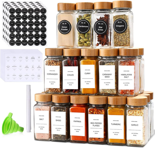 Glass Spice Jar Set with Bamboo Lids – Seasoning Organizer for Kitchen & Cabinet