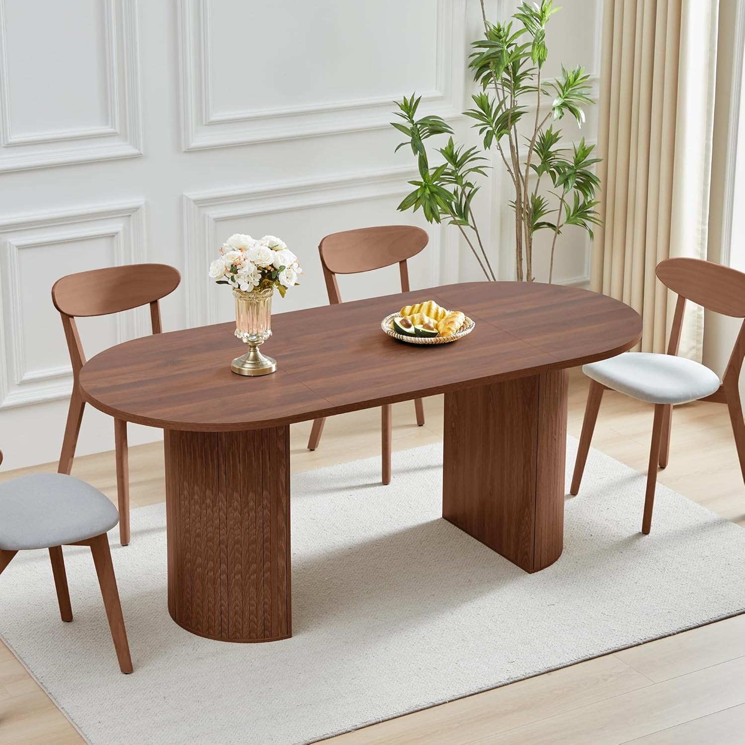 70.8 Inch Dining Table for 4-6 People, Oval Kitchen Table with Semi-Cylindrical Legs Base, Modern Farmhouse round Dinner Tables for Dining Room Kitchen Living Room (Walnut)