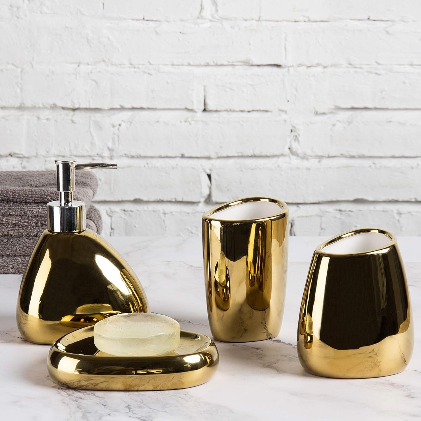 4 Pc Complete Set Modern Ceramic Gold Bathroom Accessories Set with Soap Dispenser, Tumbler, Toothbrush Holder and Soap Dish, Bathroom Organizer Accessory for Modern Home Decor