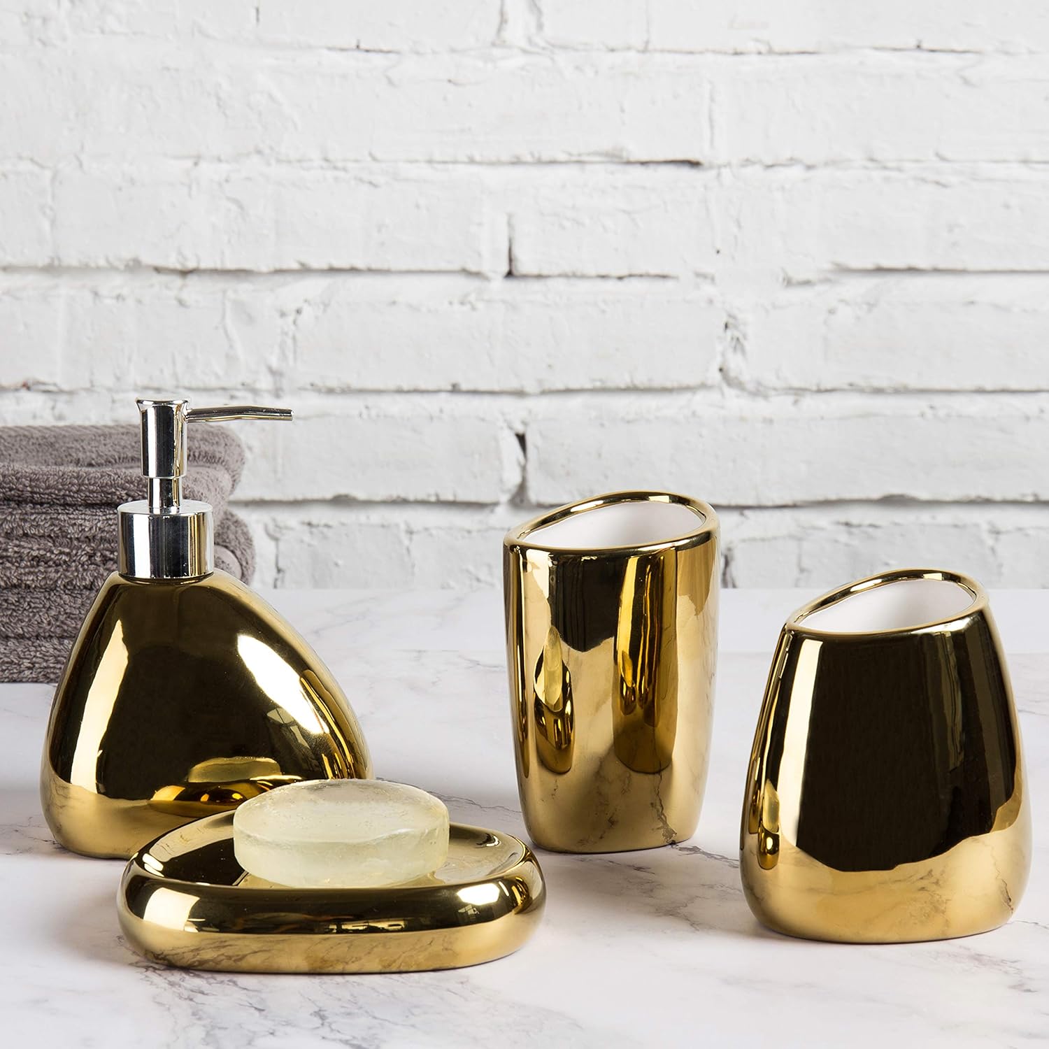 4 Pc Complete Set Modern Ceramic Gold Bathroom Accessories Set with Soap Dispenser, Tumbler, Toothbrush Holder and Soap Dish, Bathroom Organizer Accessory for Modern Home Decor