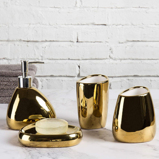 4 Pc Complete Set Modern Ceramic Gold Bathroom Accessories Set with Soap Dispenser, Tumbler, Toothbrush Holder and Soap Dish, Bathroom Organizer Accessory for Modern Home Decor