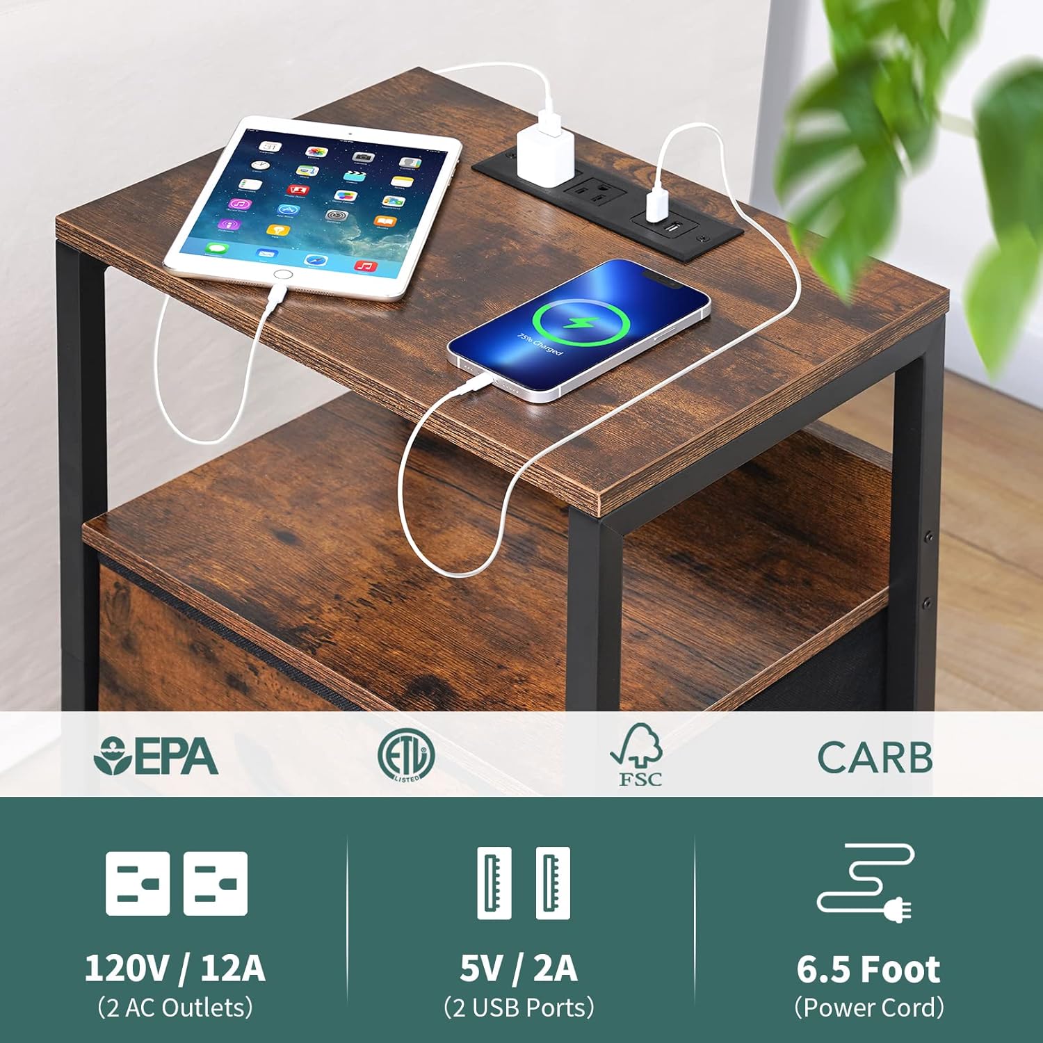 Nightstand with Charging Station, Small Night Stand with Fabric Drawers and Storage Shelf for Bedrooms, Small Spaces, Bedside Table with USB Ports & Outlets
