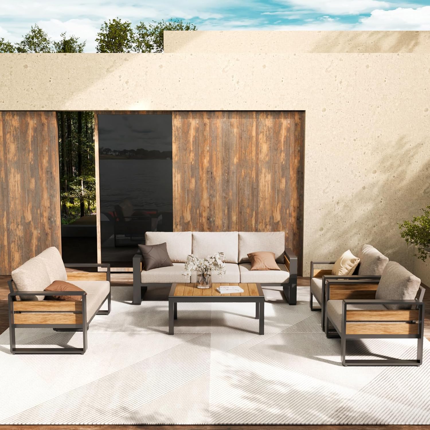 Aluminum Outdoor Patio Furniture Set, 5-Piece Metal Modern outside Sectional Conversation Lawn Furniture with Coffee Table & Washable Thick Cushions,Seating Sofa for Garden/Backyard/Porch Grey
