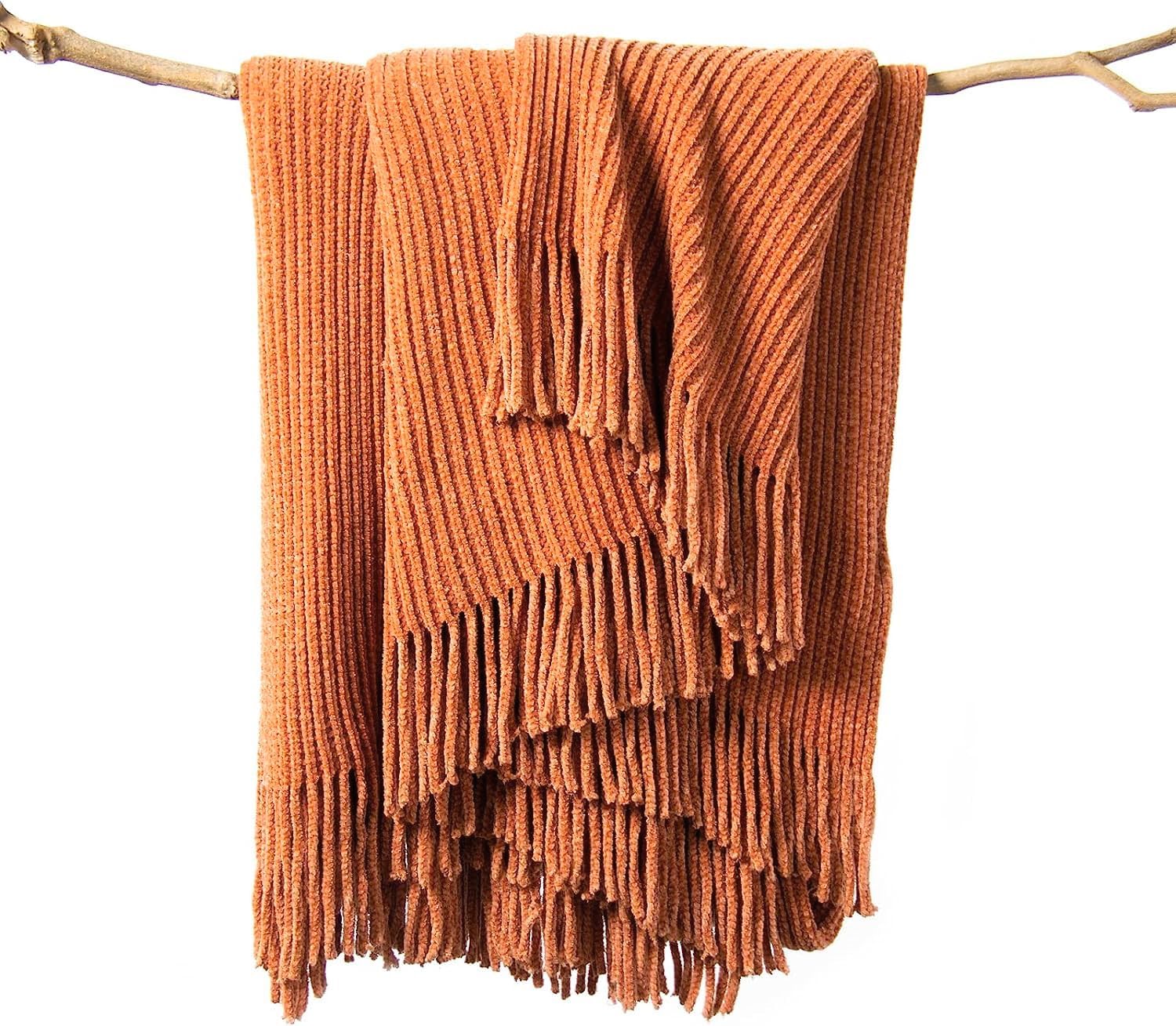 Throw Blanket for Couch, Soft Boho Bed Throw,Cozy Burnt Orange Chenille Knitted Small Spring Lightweight Throw(Rust,50 * 60")