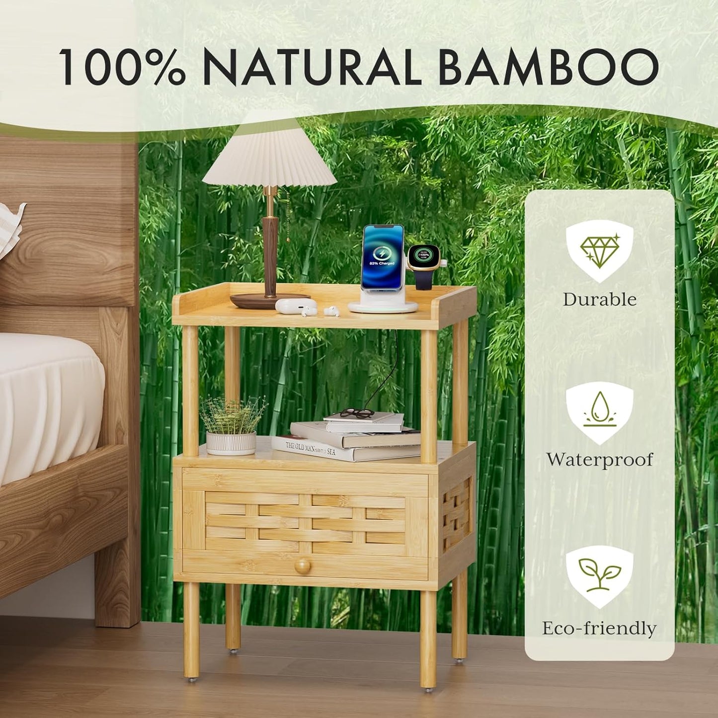 Bamboo Nightstand with Charging Station, Bedside Table with USB Ports & Outlets, End Table, Night Stand for Bedroom Lift-Up Drawer & Open Shelf, Natural Color