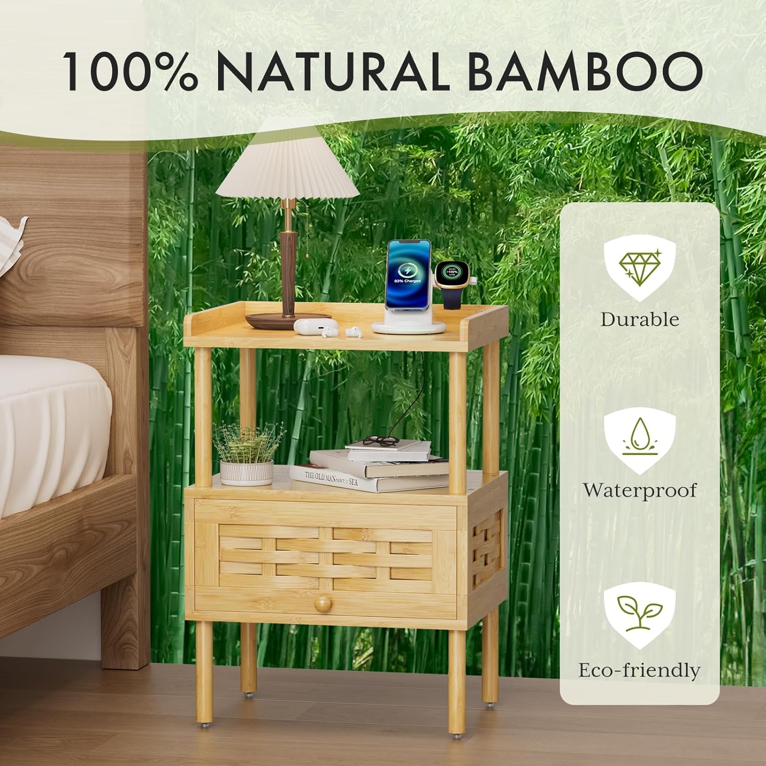 Bamboo Nightstand with Charging Station, Bedside Table with USB Ports & Outlets, End Table, Night Stand for Bedroom Lift-Up Drawer & Open Shelf, Natural Color