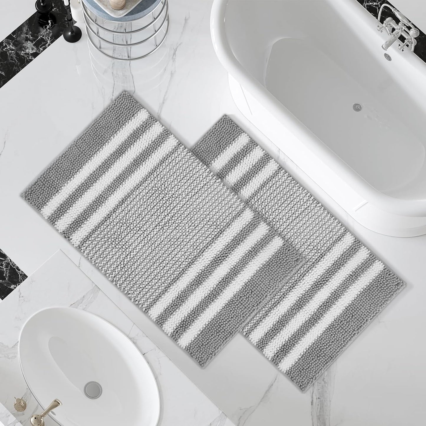 Bathroom Rugs Set 2 Piece, Extra Soft and Absorbent Fluffy Striped Chenille Bath Mat Rug Set, Non Slip Bathroom Floor Mat, Machine Washable (20" X 32" plus 16" X 24", Khaki)