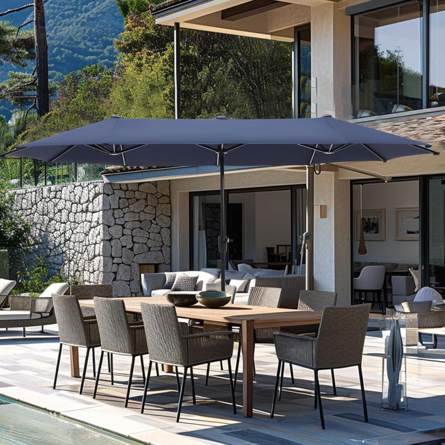 13Ft Rectangle Patio Umbrella, Double Sided Outdoor Table Umbrella with Crank & 1.5" Pole, Large Market Umbrella for Poolside Garden Deck Backyard, Navy Blue