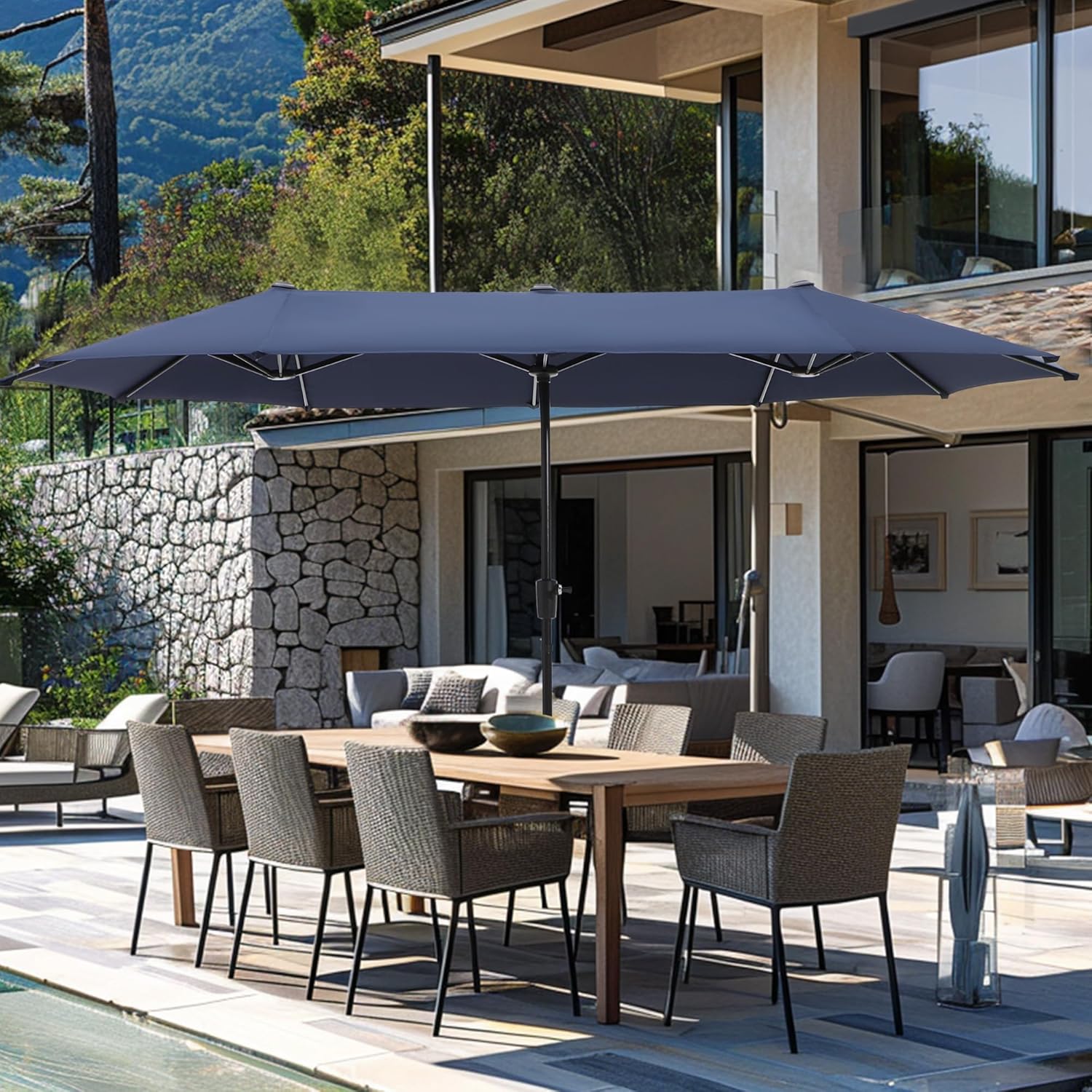 13Ft Rectangle Patio Umbrella, Double Sided Outdoor Table Umbrella with Crank & 1.5" Pole, Large Market Umbrella for Poolside Garden Deck Backyard, Navy Blue