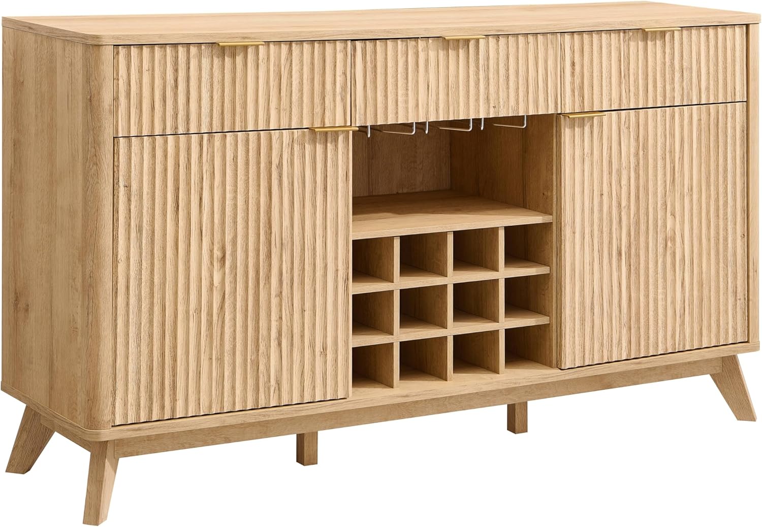 Fluted Wine Bar Cabinet for Liquor, 60" Modern Coffee Bar Cabinet W/Wine & Glass Rack, Large Buffet Sideboard W/ 3 Storage Drawers & Adjustable Shelves for Home, Dining Room, Kitchen, Natural Oak