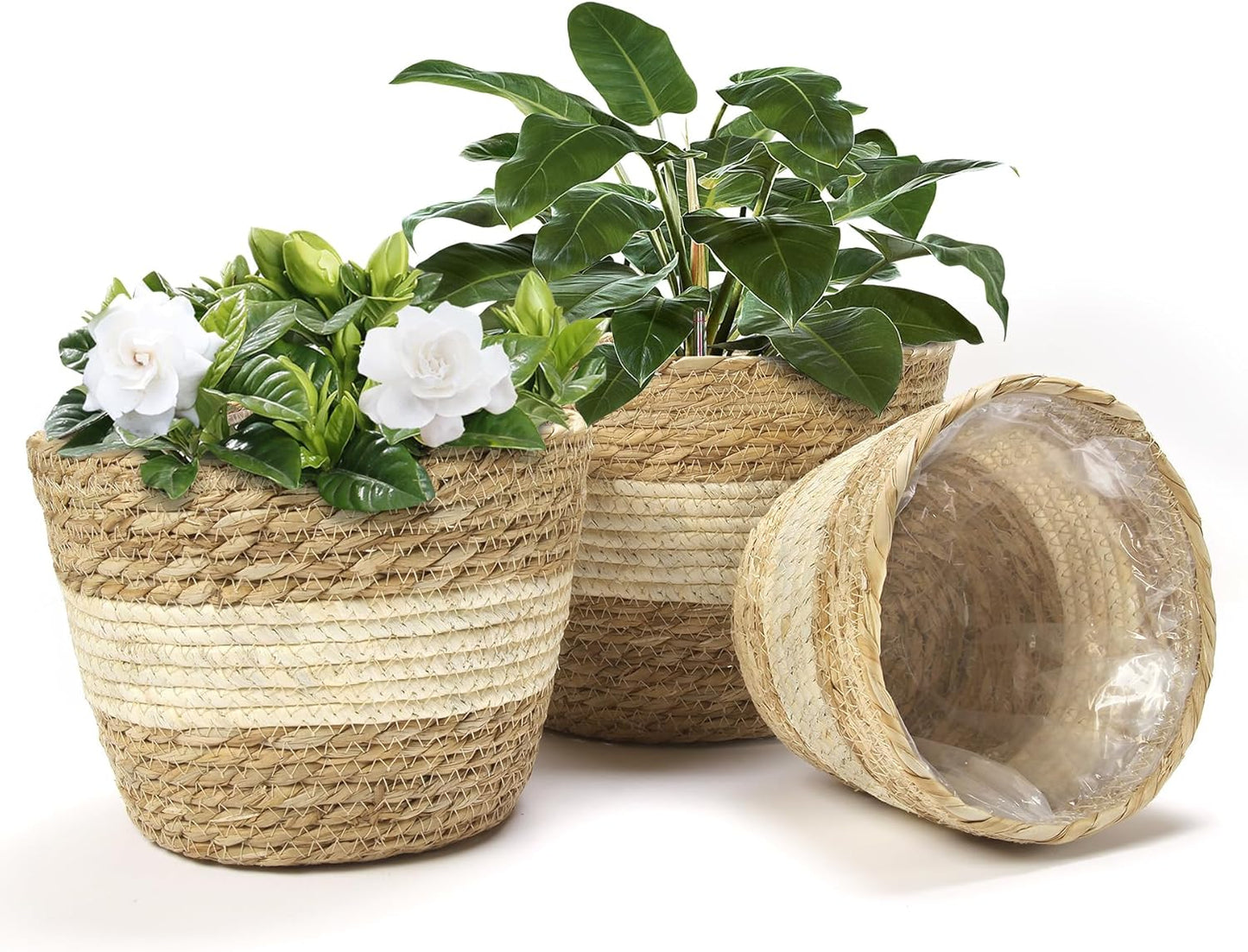 Plant Basket, 3 PCS Plant Baskets Indoor with Plastic Liner, Water Hyacinth Woven Planters Flower Basket, Planter Basket for Rustic Boho Home Farmhouse Floor Potted Pots Decor