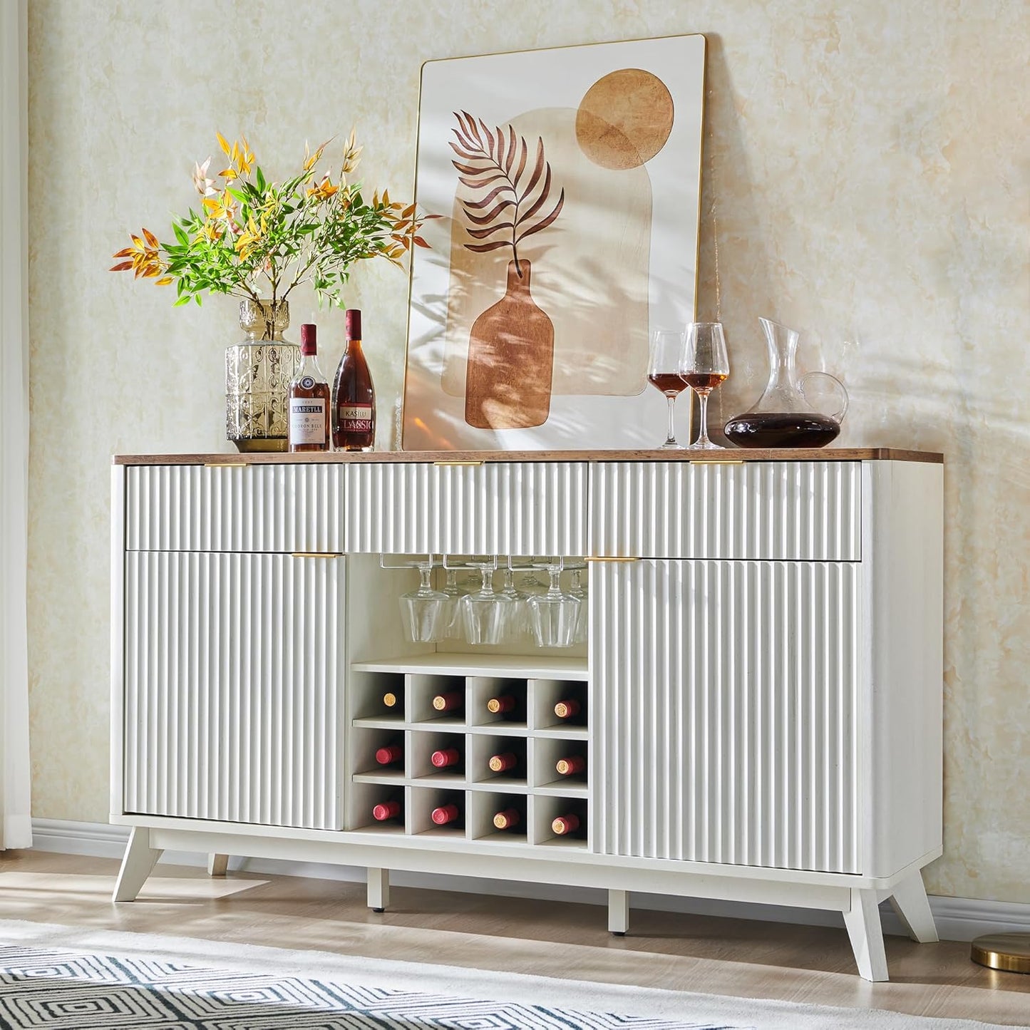 Fluted Wine Bar Cabinet for Liquor, 60" Modern Coffee Bar Cabinet W/Wine & Glass Rack, Large Buffet Sideboard W/ 3 Storage Drawers & Adjustable Shelves for Home, Dining Room, Kitchen, Natural Oak